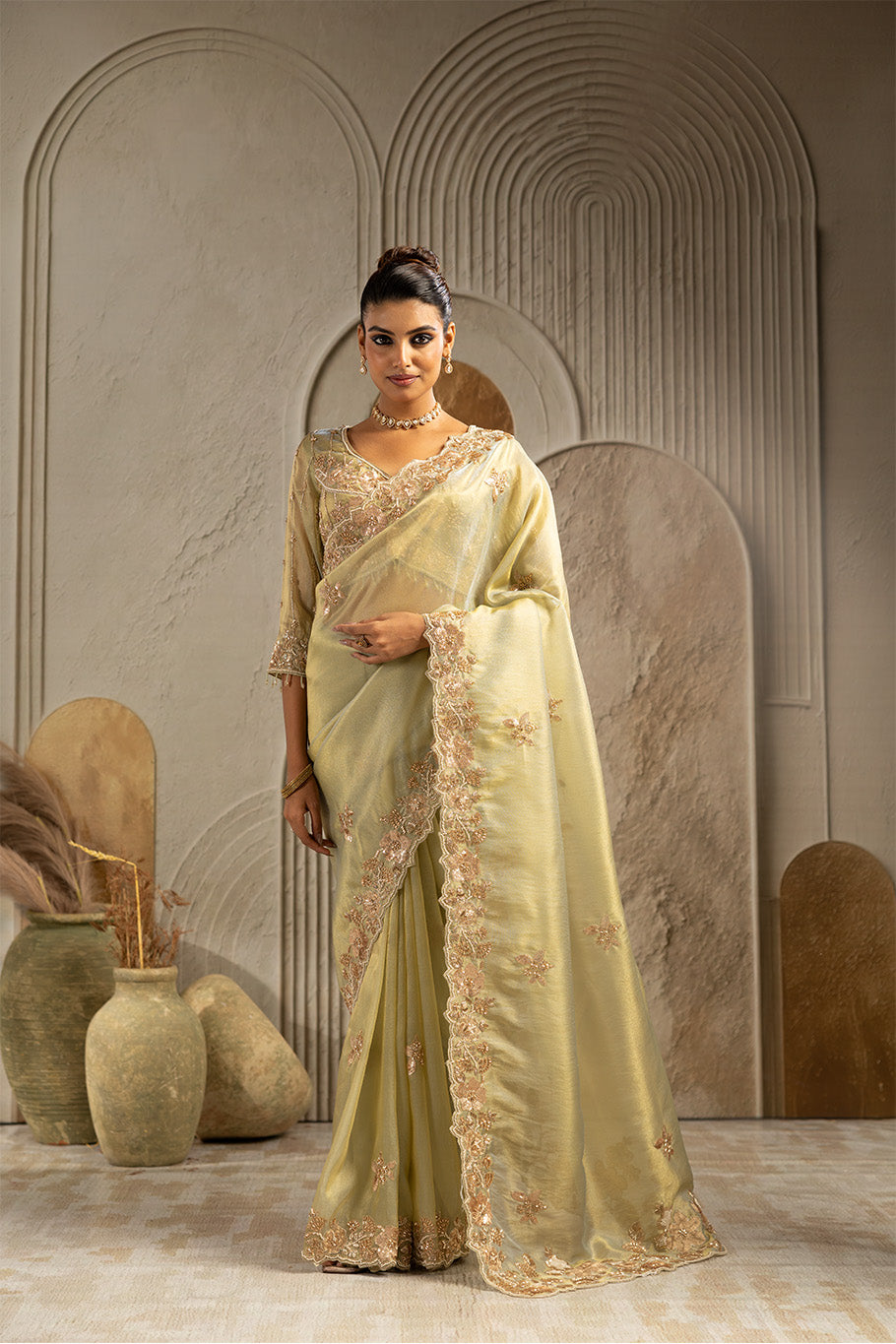 Pista Green Organza Silk Saree with Golden Zari Embroidery