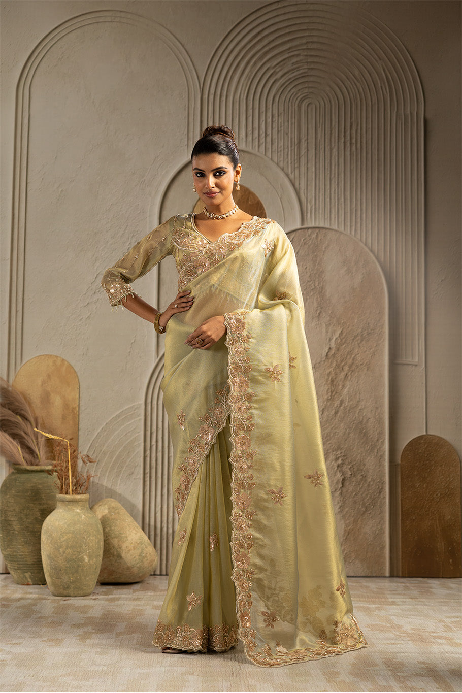 Pista Green Organza Silk Saree with Golden Zari Embroidery