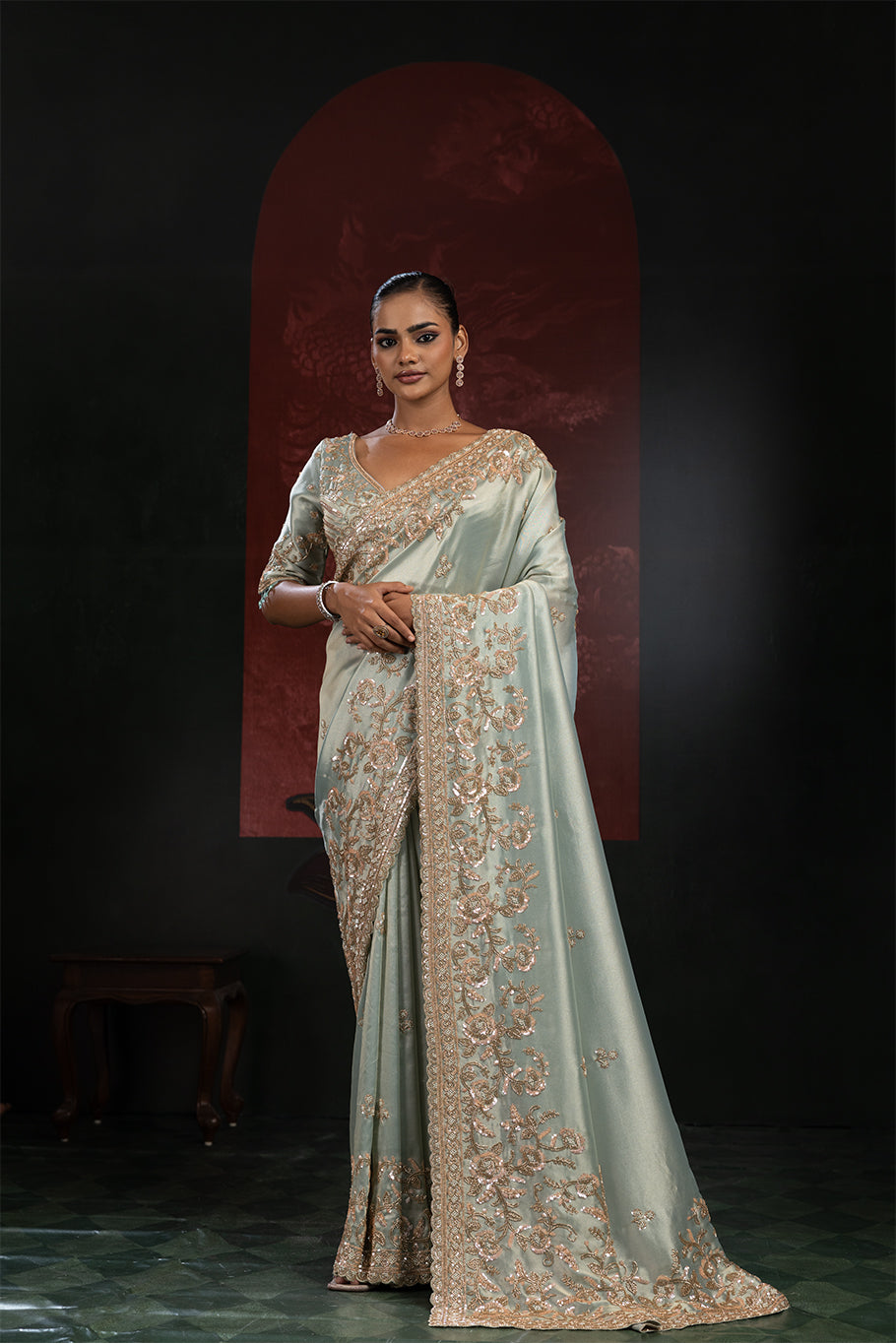 Sage Green Organza Silk Saree with Golden Zari Embroidery