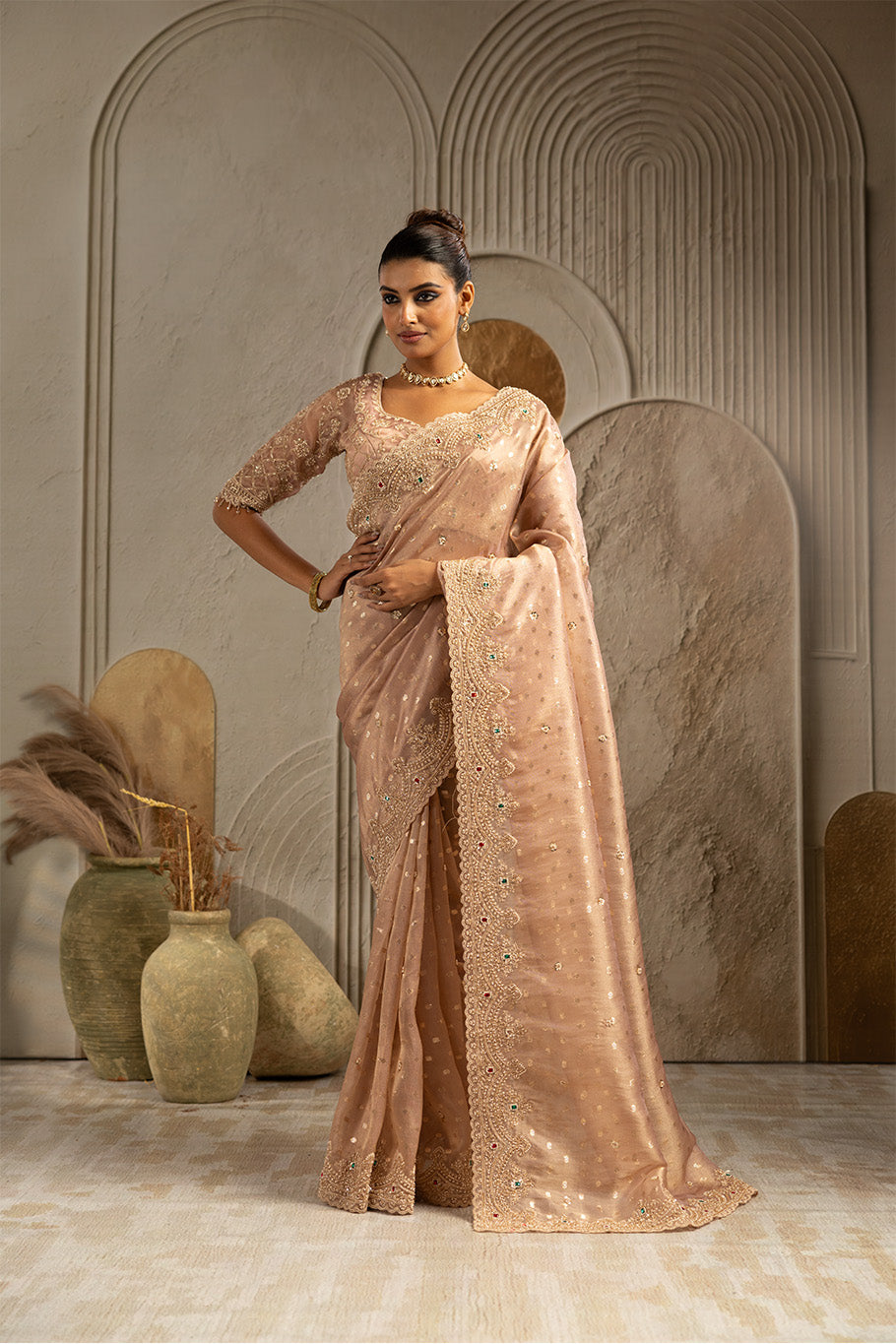 Dusty Pink Organza Silk Saree with Silver Zari Embroidery and Sequin Work