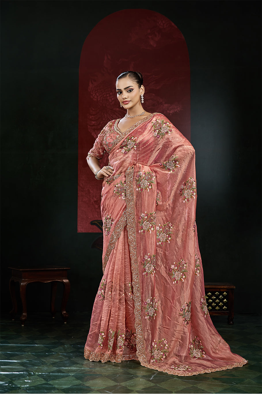 Dusty Rose Pink Organza Silk Saree with Multicolor Floral Embroidery