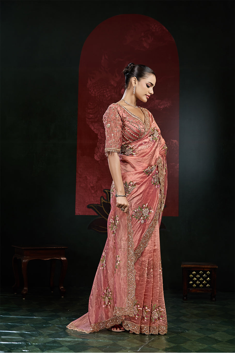 Dusty Rose Pink Organza Silk Saree with Multicolor Floral Embroidery
