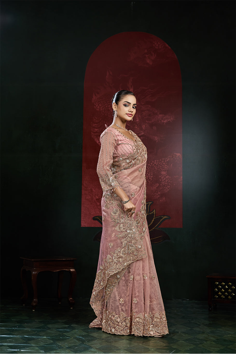 Dusty Rose Pink Organza Silk Saree with Floral Border Work
