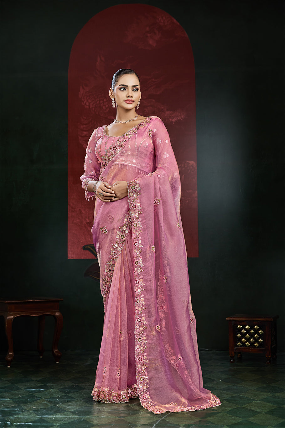 Rose Pink Organza Silk Saree with Multicolor Floral Embroidery