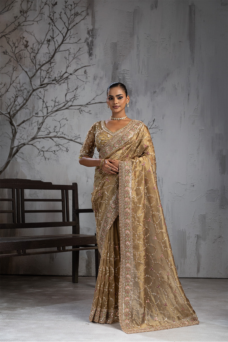 Olive Green Organza Silk Saree with Golden Zari Embroidery