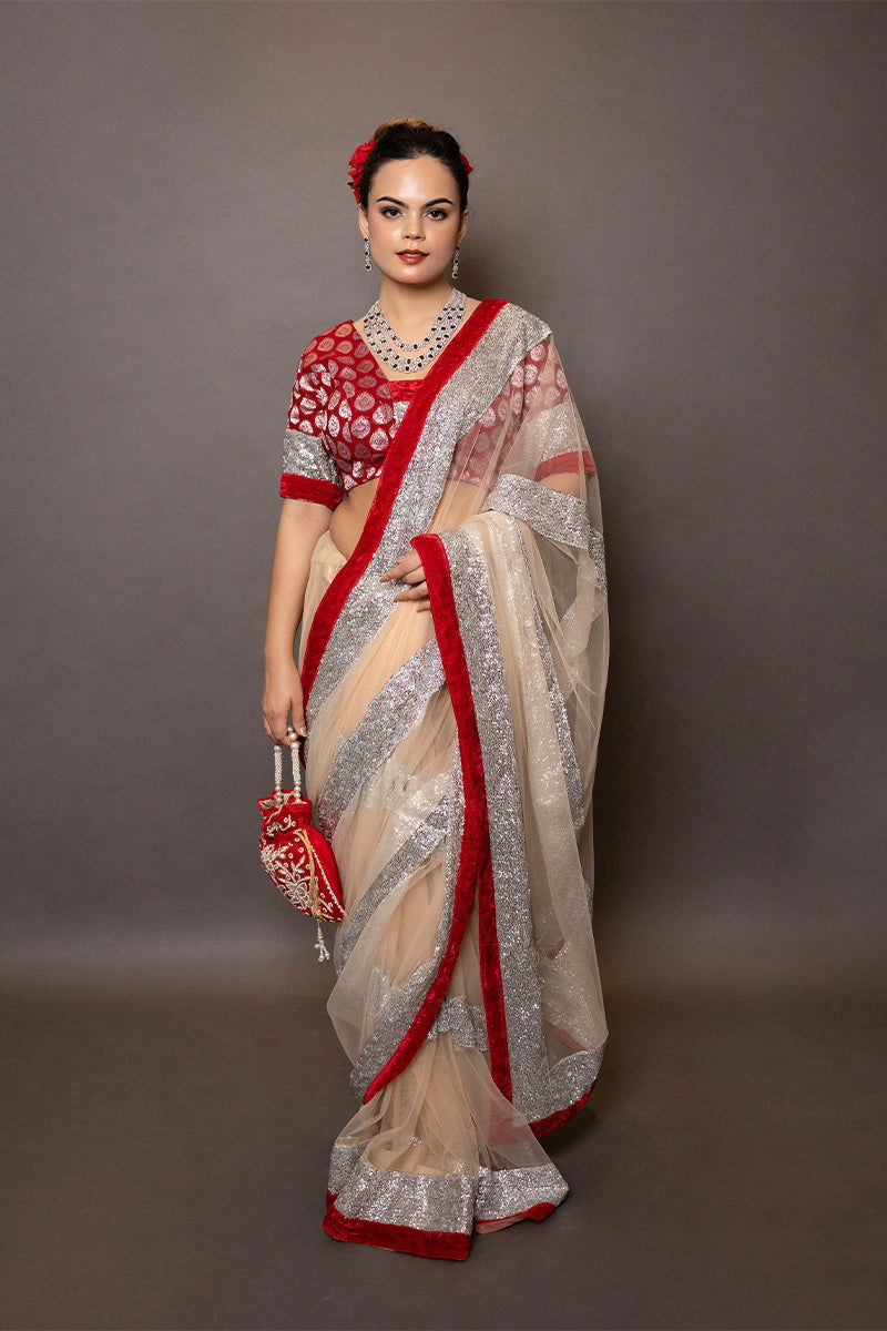 Ivory Golden Net Saree With Sequin Work with Stitched Blouse