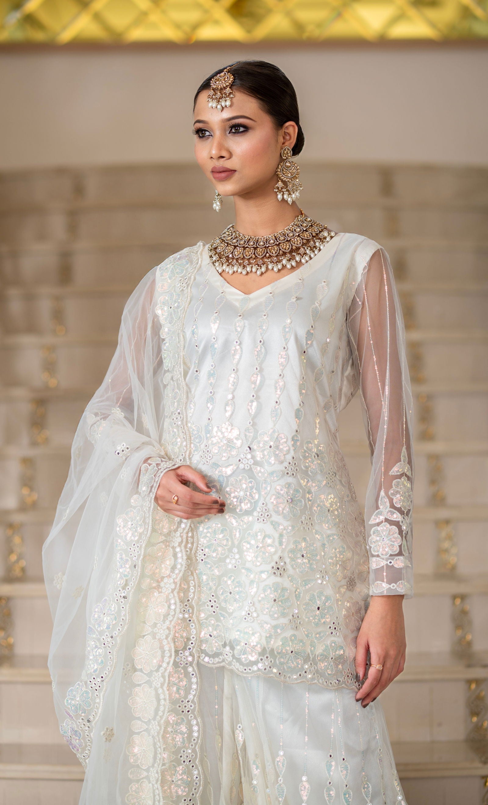 Ivory Pearl White Super Net Full Sleeve Kurta With Flared Palazzo Sets - Mayrake.in