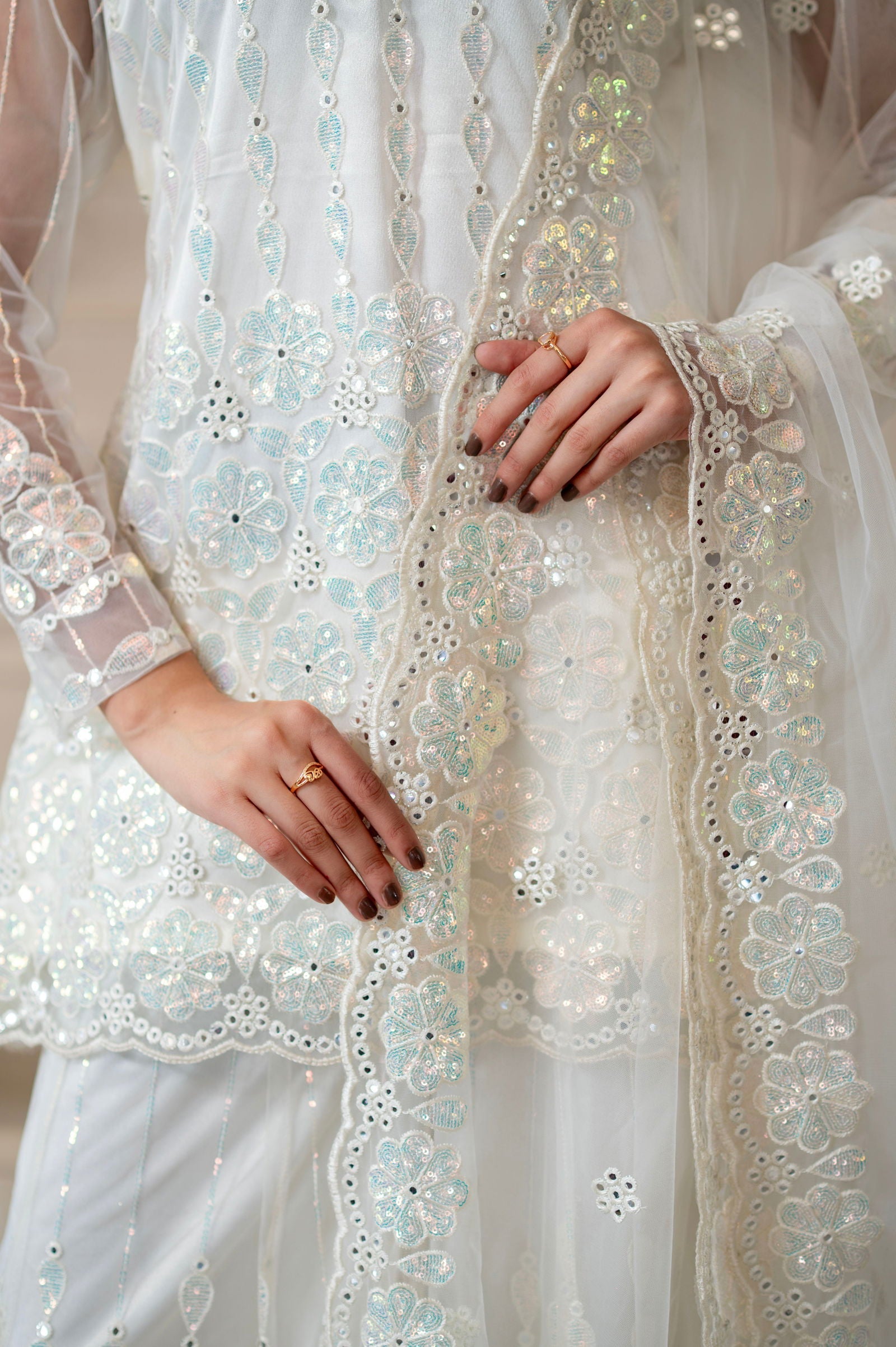 Ivory Pearl White Super Net Full Sleeve Kurta With Flared Palazzo Sets - Mayrake.in