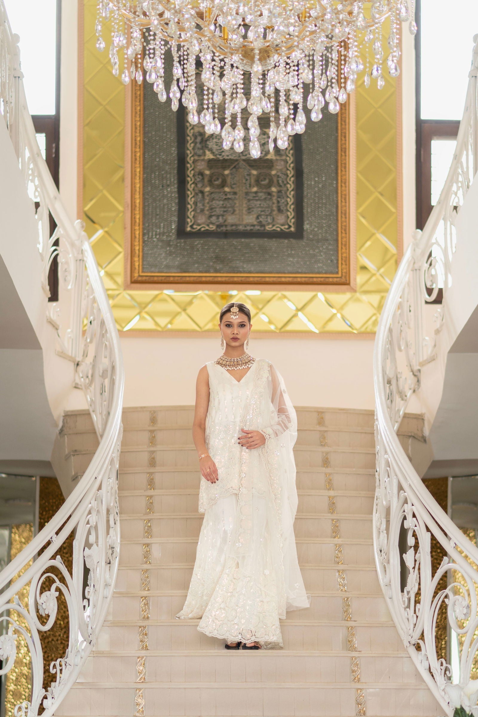 Ivory Pearl White Super Net Sleeveless Kurta With Flared Palazzo Set - Mayrake.in