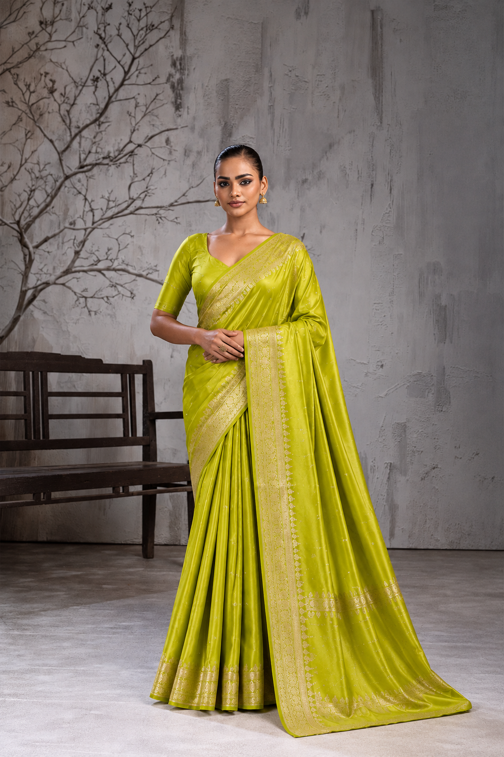 Mehandi Green Sattin Mungha Silk Saree with banarasi border