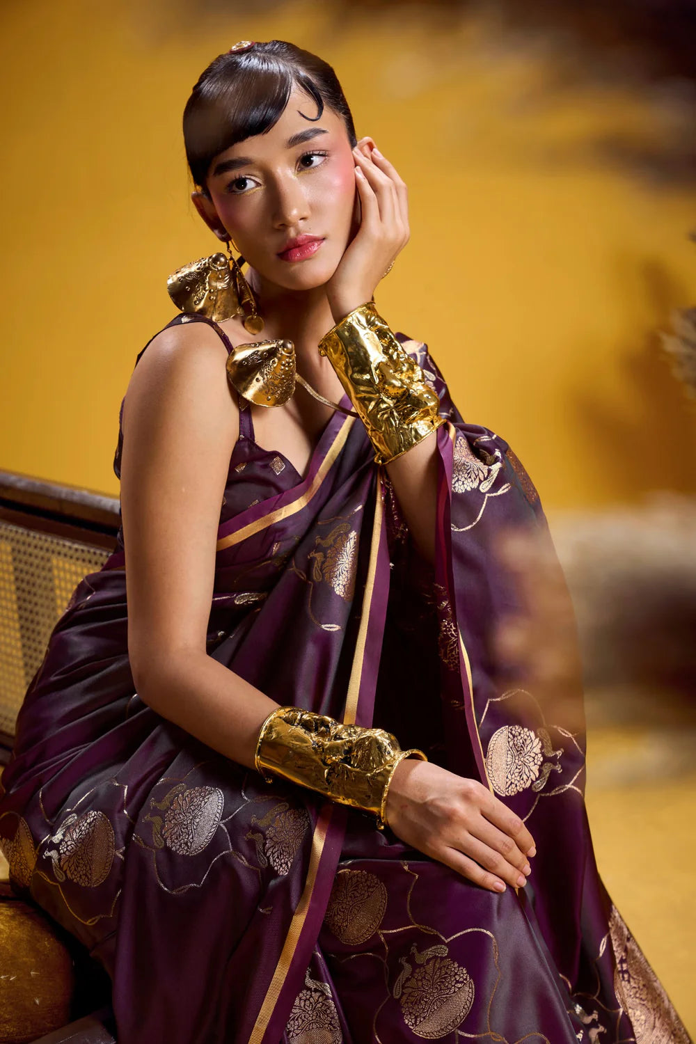 Brown Pure Satin Handloom Saree with Gold Zari Weaving