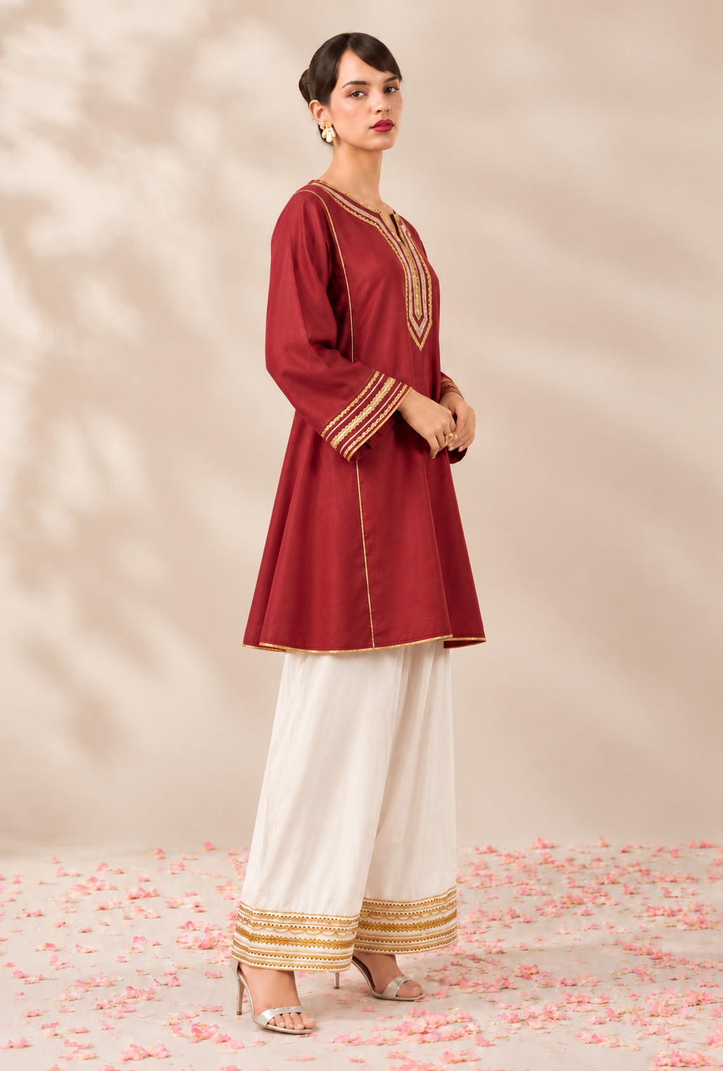 Maroon Cotton Farsi Kurta set with Gold Gotta Lace