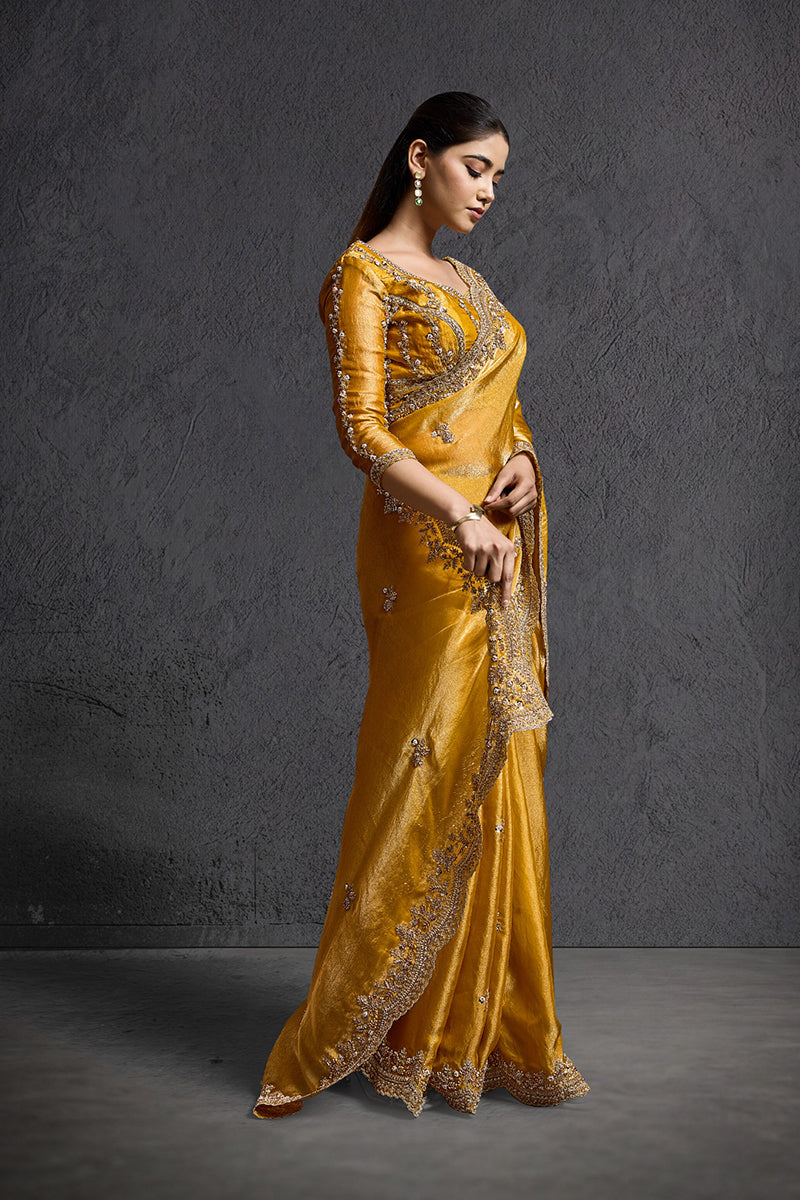 Yellow Organza Silk Saree with Hand Embroidery with Stitched Blouse