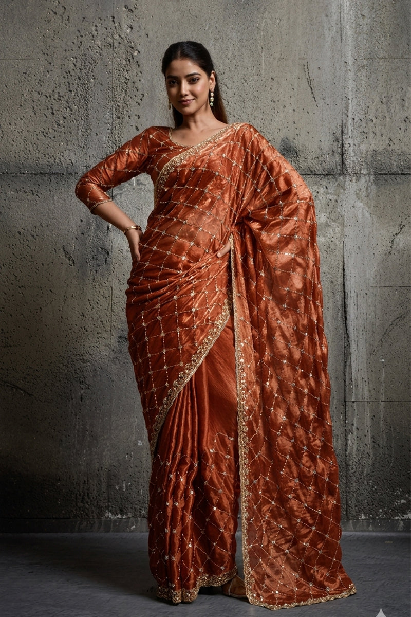 Rusty Dark Orange Organza Silk Saree with Hand Embroidery with Stitched Blouse