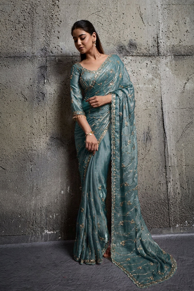 Teal Blue Organza Saree with Hand Embroidery with Stitched Blouse