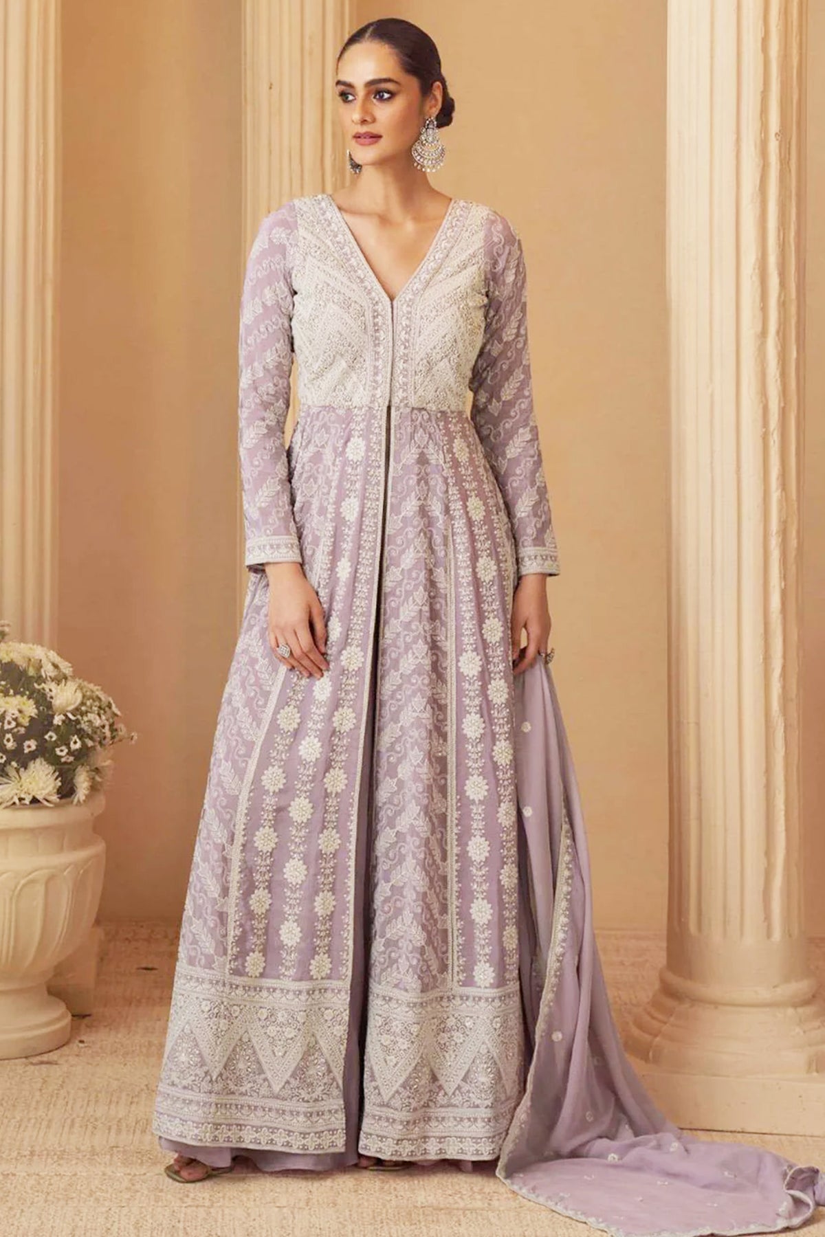 Lavender Georgette Anarkali With Thread Embroidery
