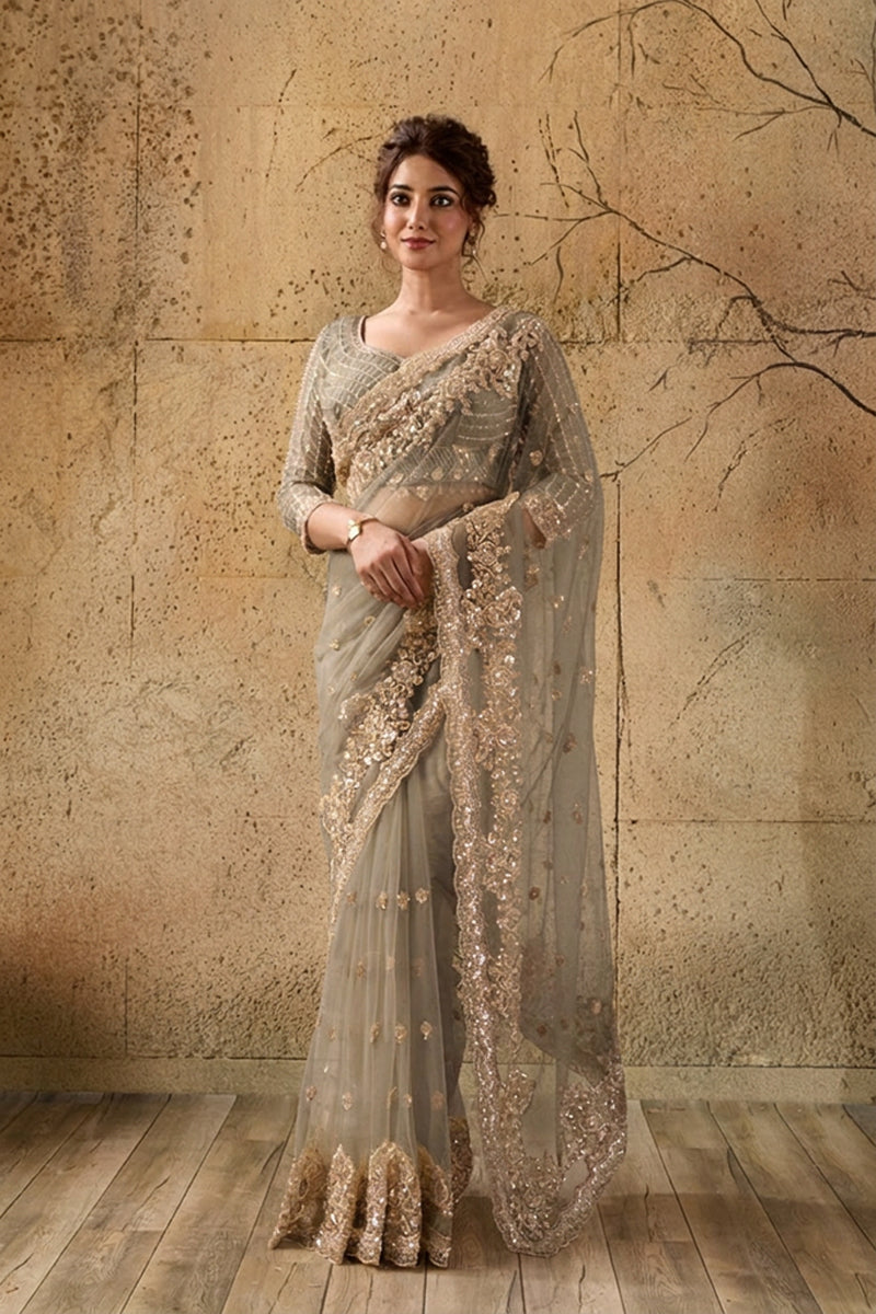 Dark Golden Net Saree With Sequin Hand Embroidery with Stitched Blouse