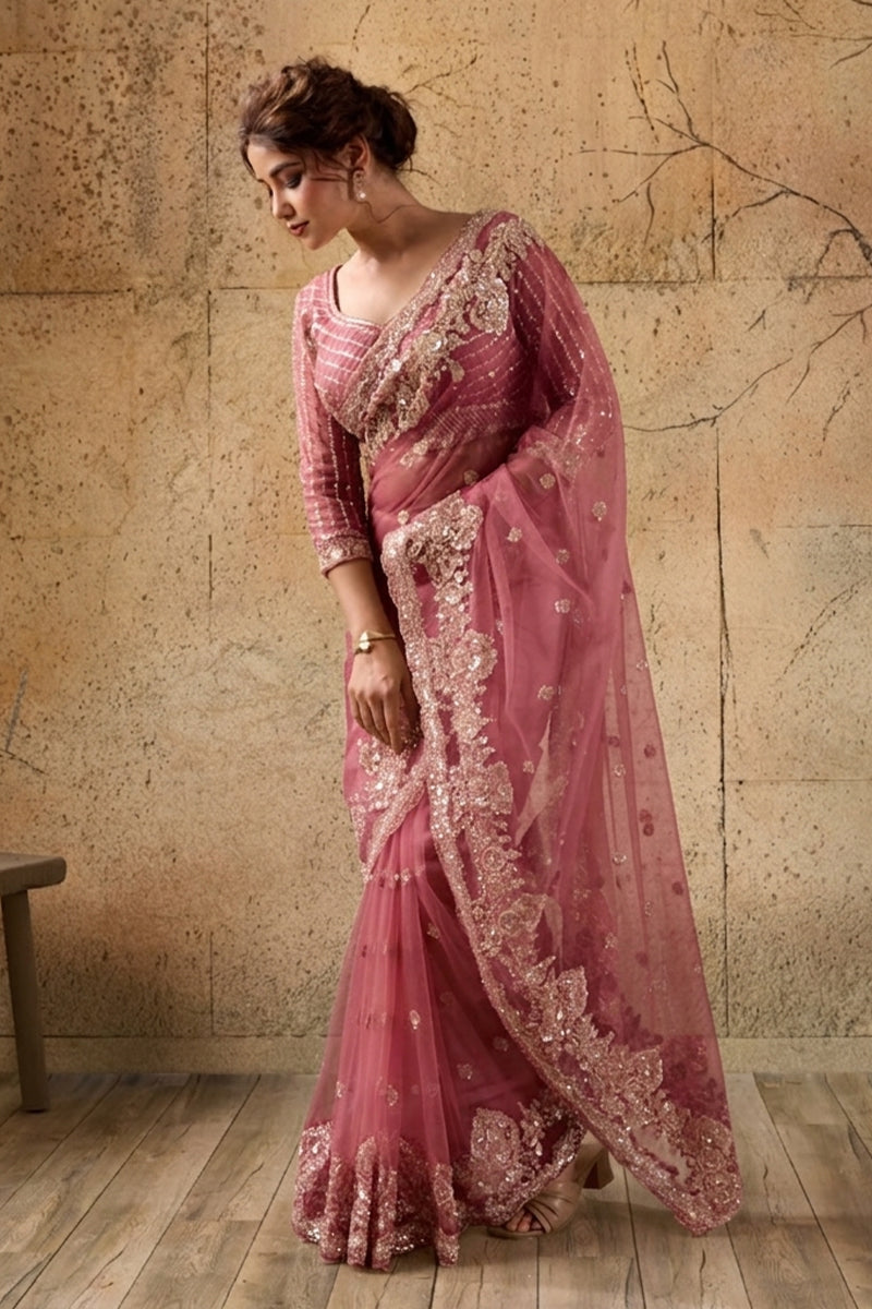 Rose Pink Net Saree With Sequin Hand Embroidery with Stitched Blouse