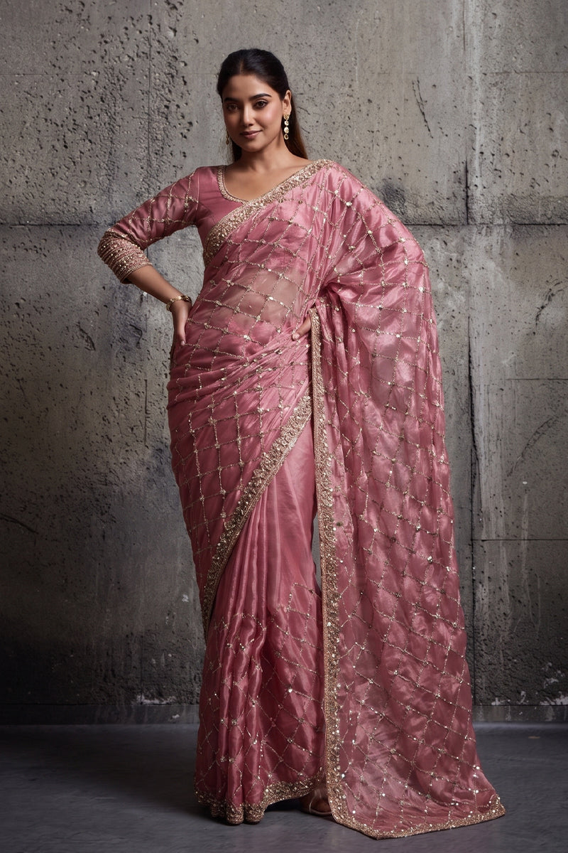 Rose Pink Organza Silk Saree with Hand Embroidery with Stitched Blouse