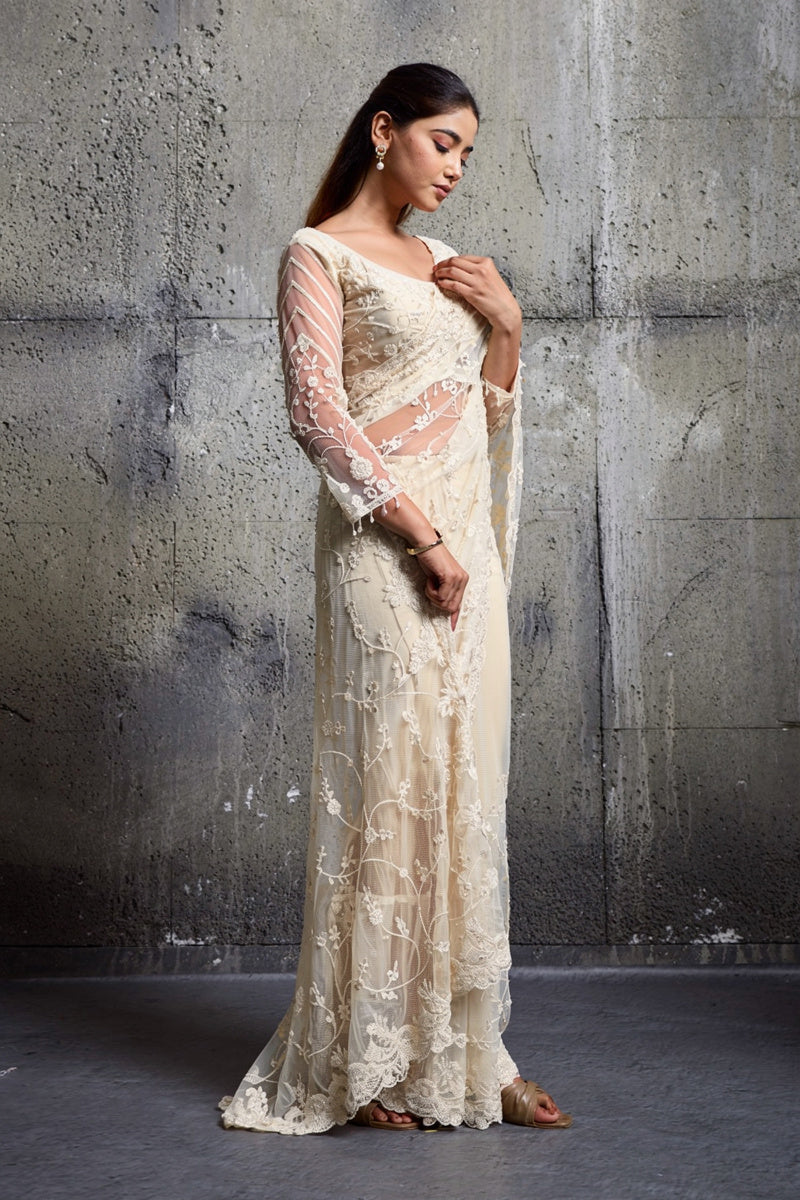 Ivory White Net Saree With Sequin Hand Embroidery with Stitched Blouse