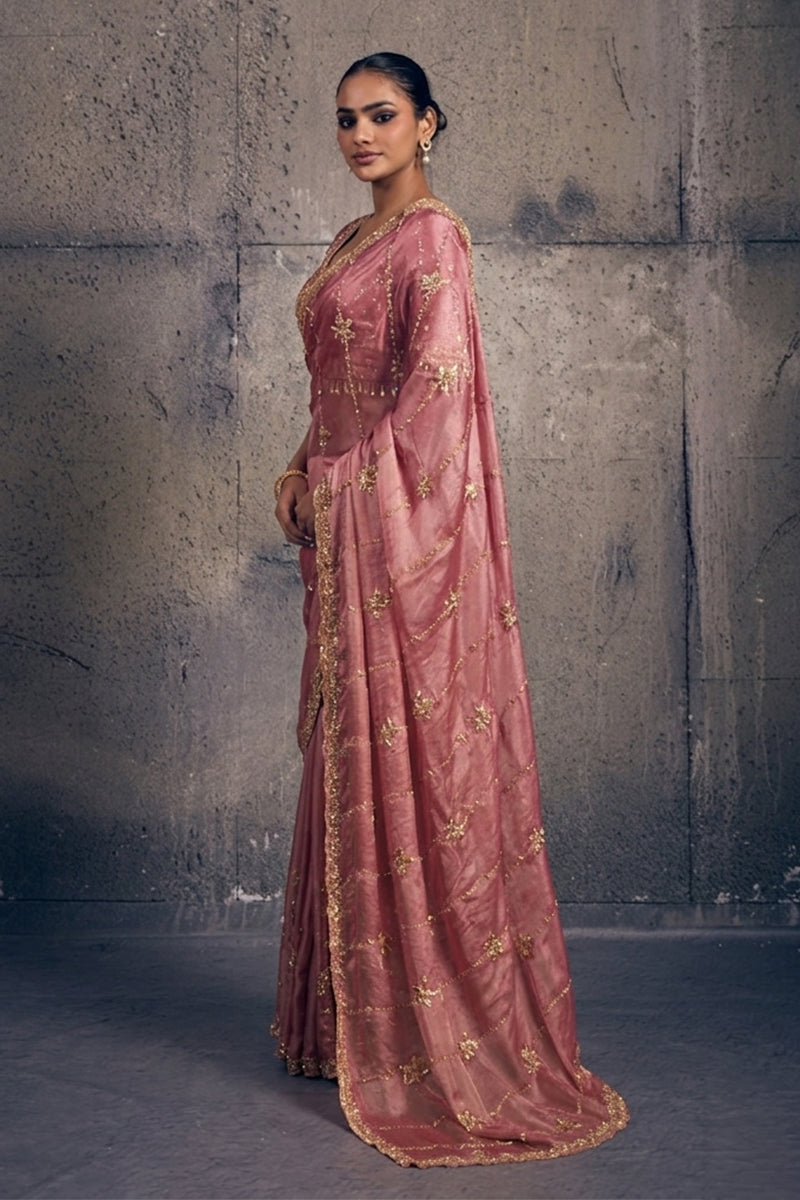 Rose Pink Tissue Silk Saree with Hand Embroidery with Stitched Blouse
