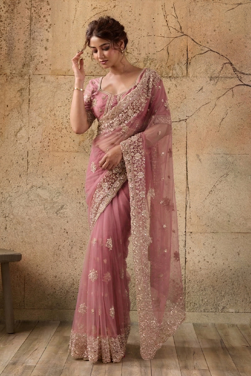 Rose Pink Net Saree with Hand Embroidery with Stitched Blouse