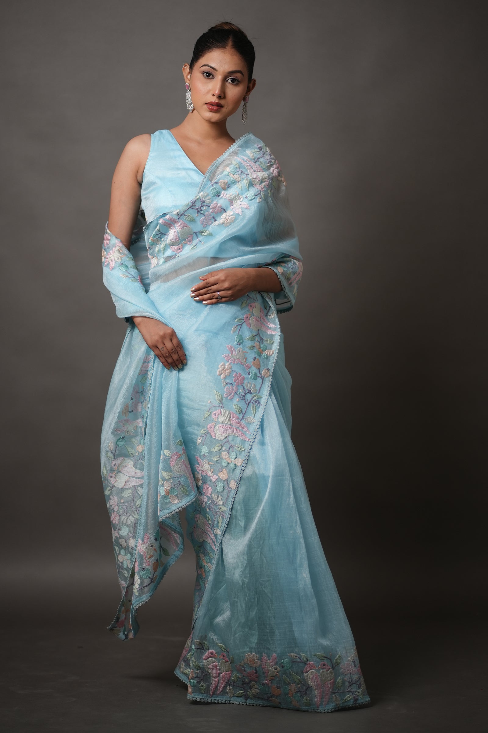 Sky Blue Organza Saree with Pastel Floral Thread Work