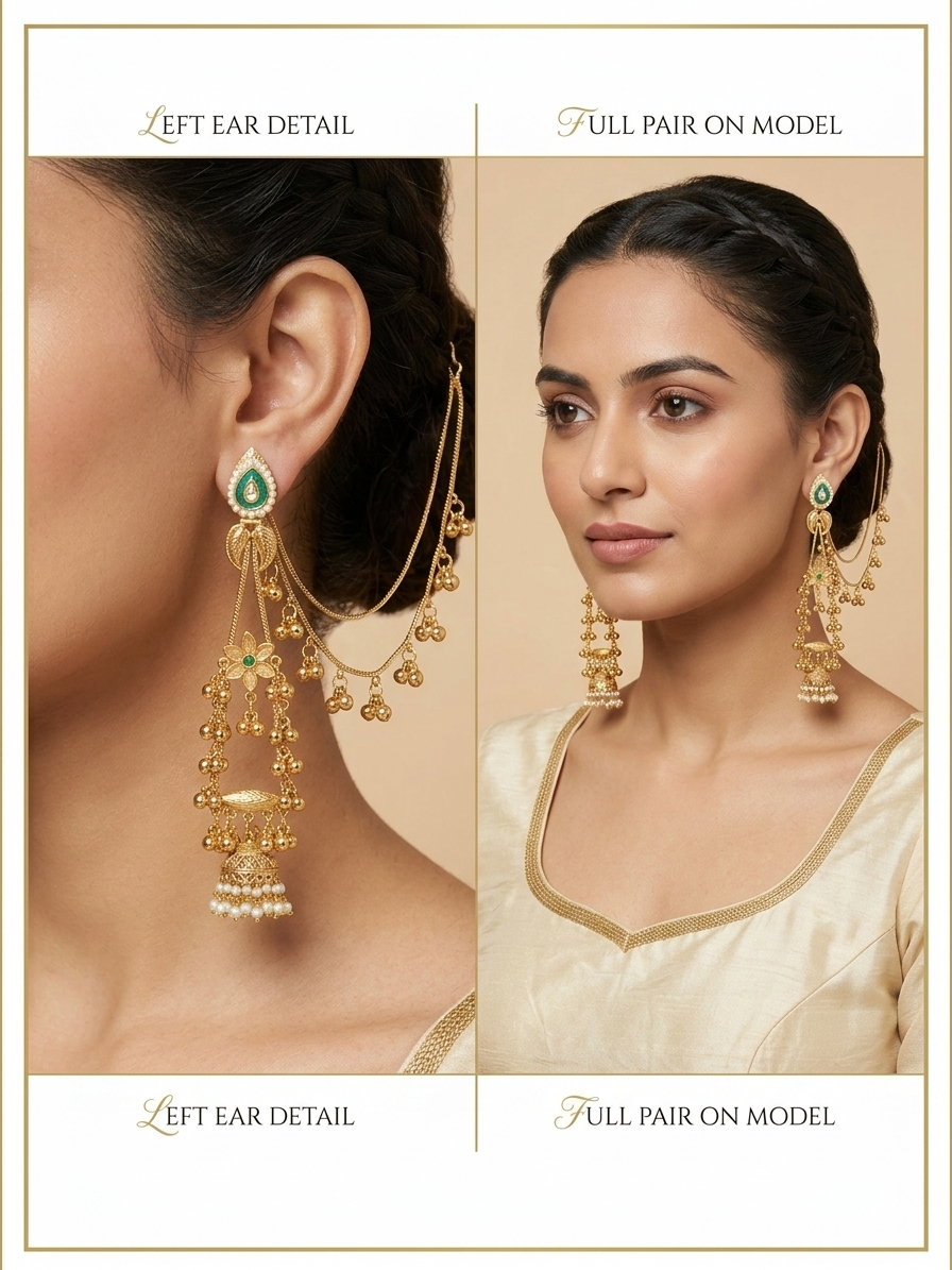 Gold-Tone Chandbali Style Earrings with Green Stone Top & Pearl Cluster Drops