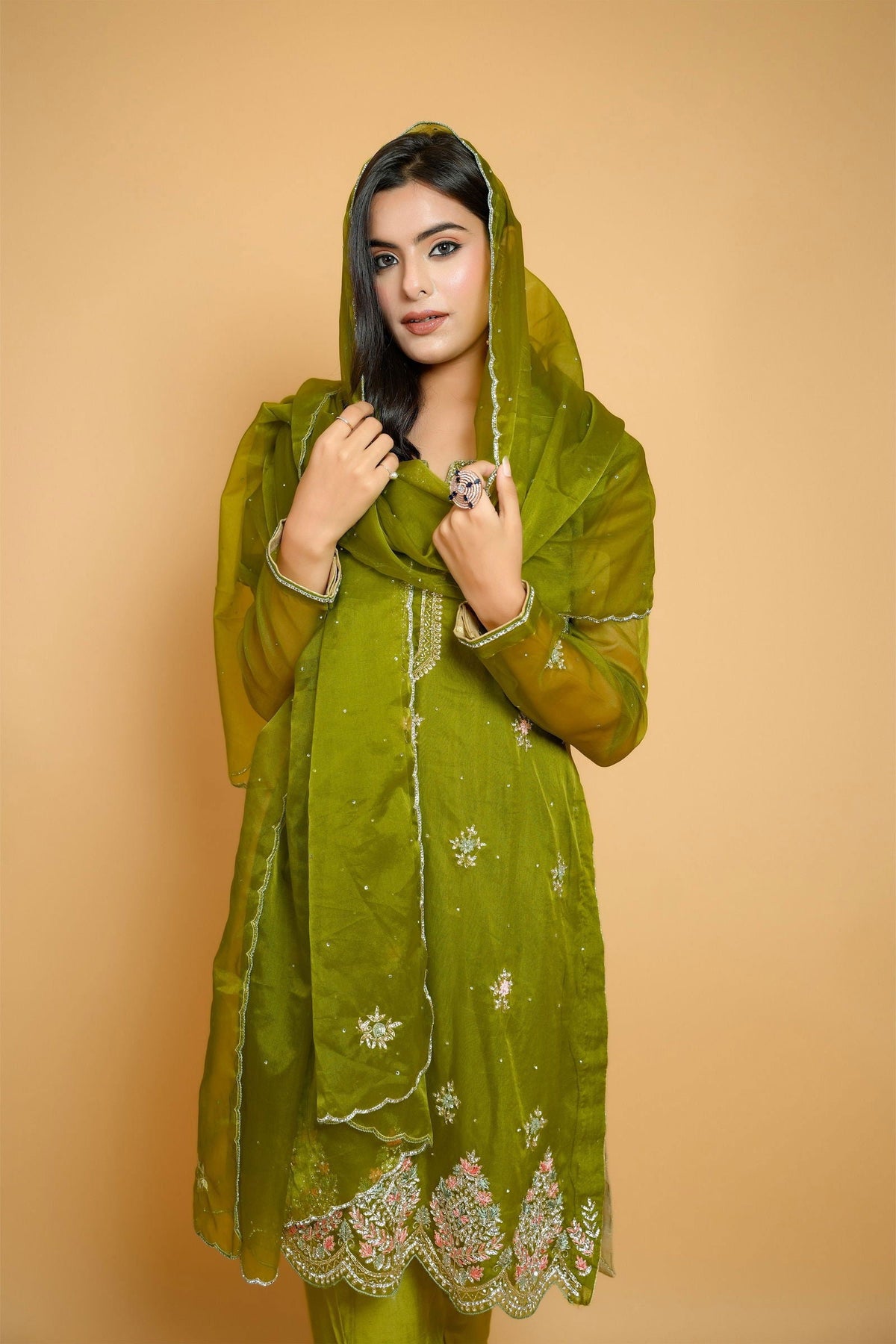 Mehandi Green Organza Handwork Zardozi Suit