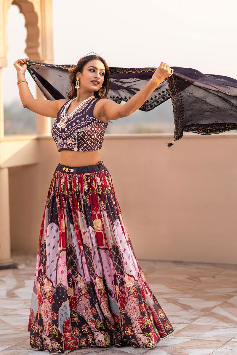 Multi-Color Lehenga Set With Zardozi Crop Top