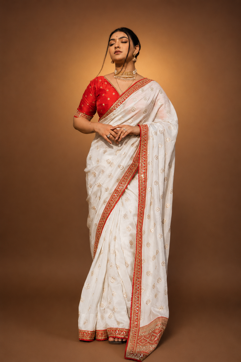Cream Silk Saree with Golden Buti Work and Rich Red Zari Border