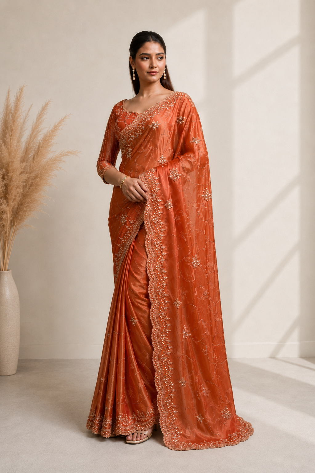 Rusty Orange Organza Silk Saree with Hand Embroidery with Stitched Blouse