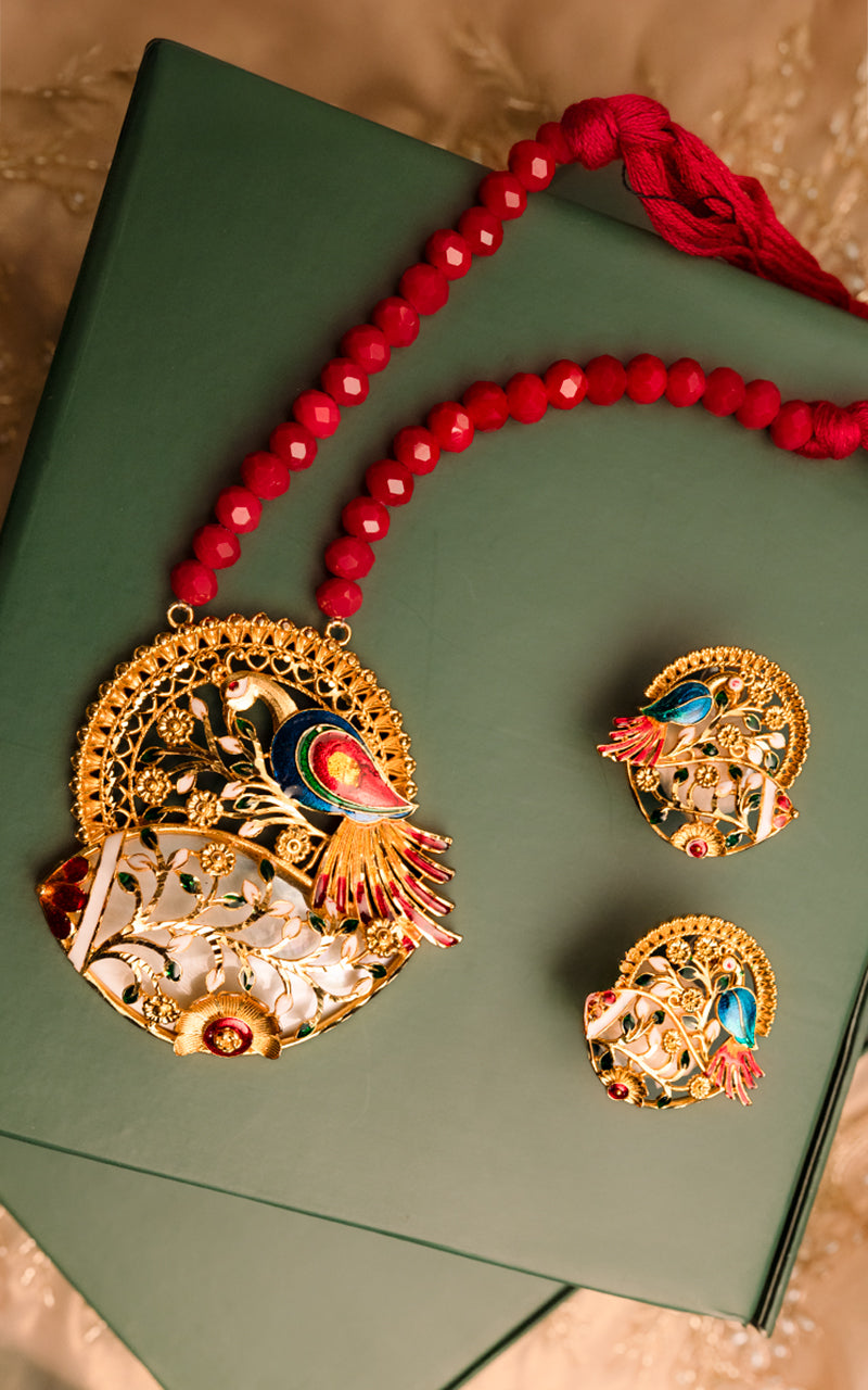 Red Beaded Peacock Pendant Necklace Set with Earrings
