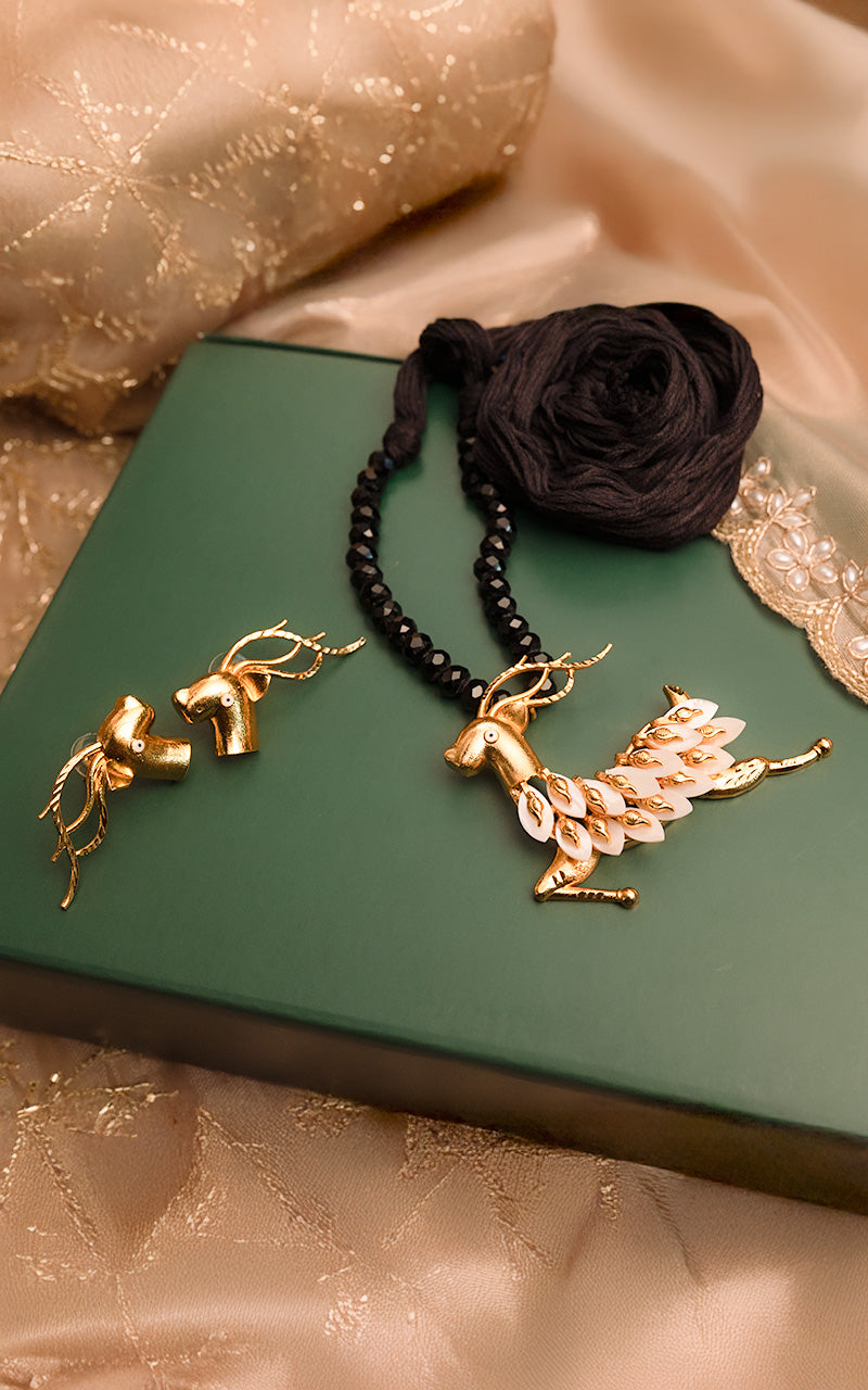 Black Beaded Deer Pendant Necklace Set with Earrings