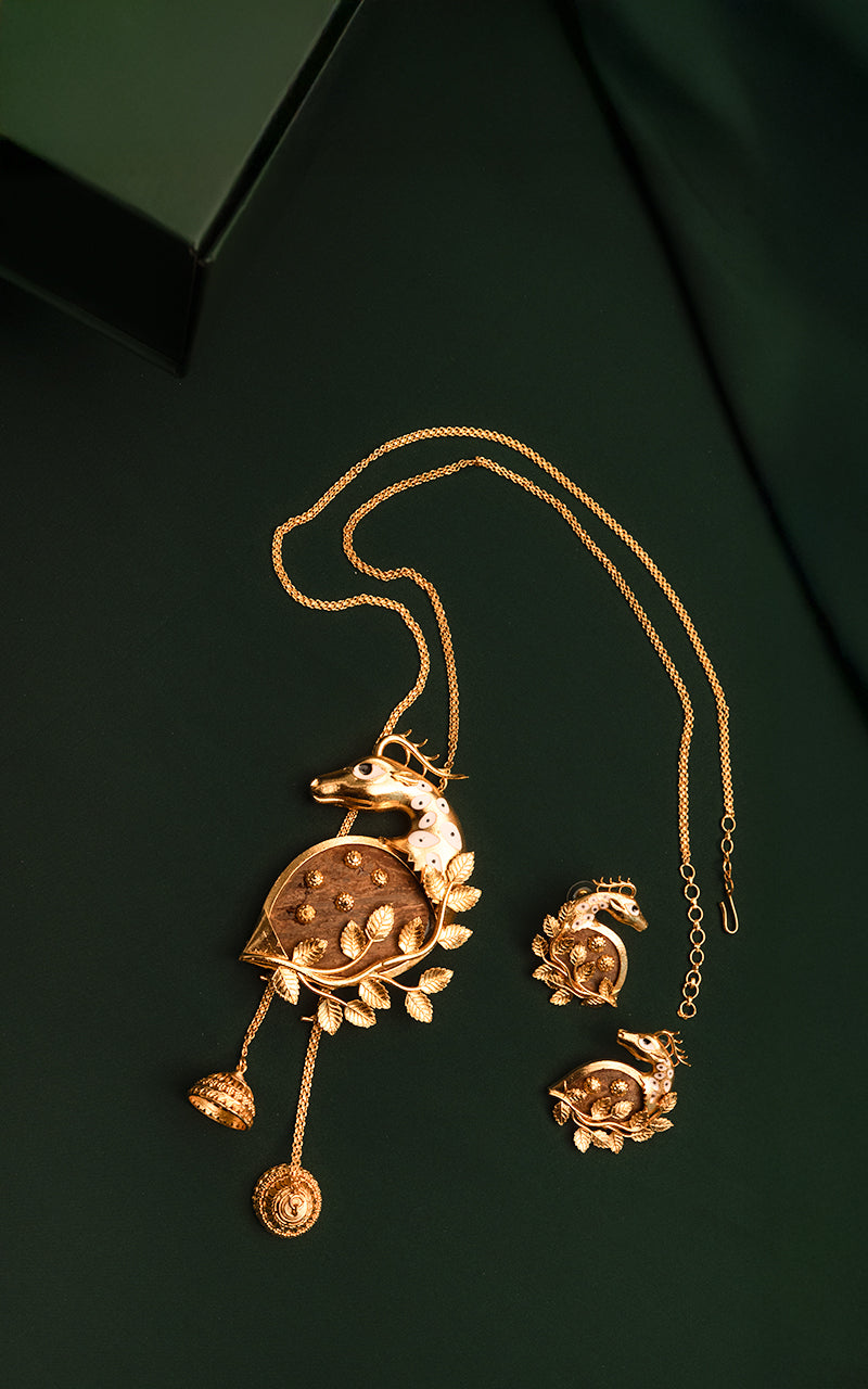 Gold Plated Deer Pendant Necklace Set with Earrings