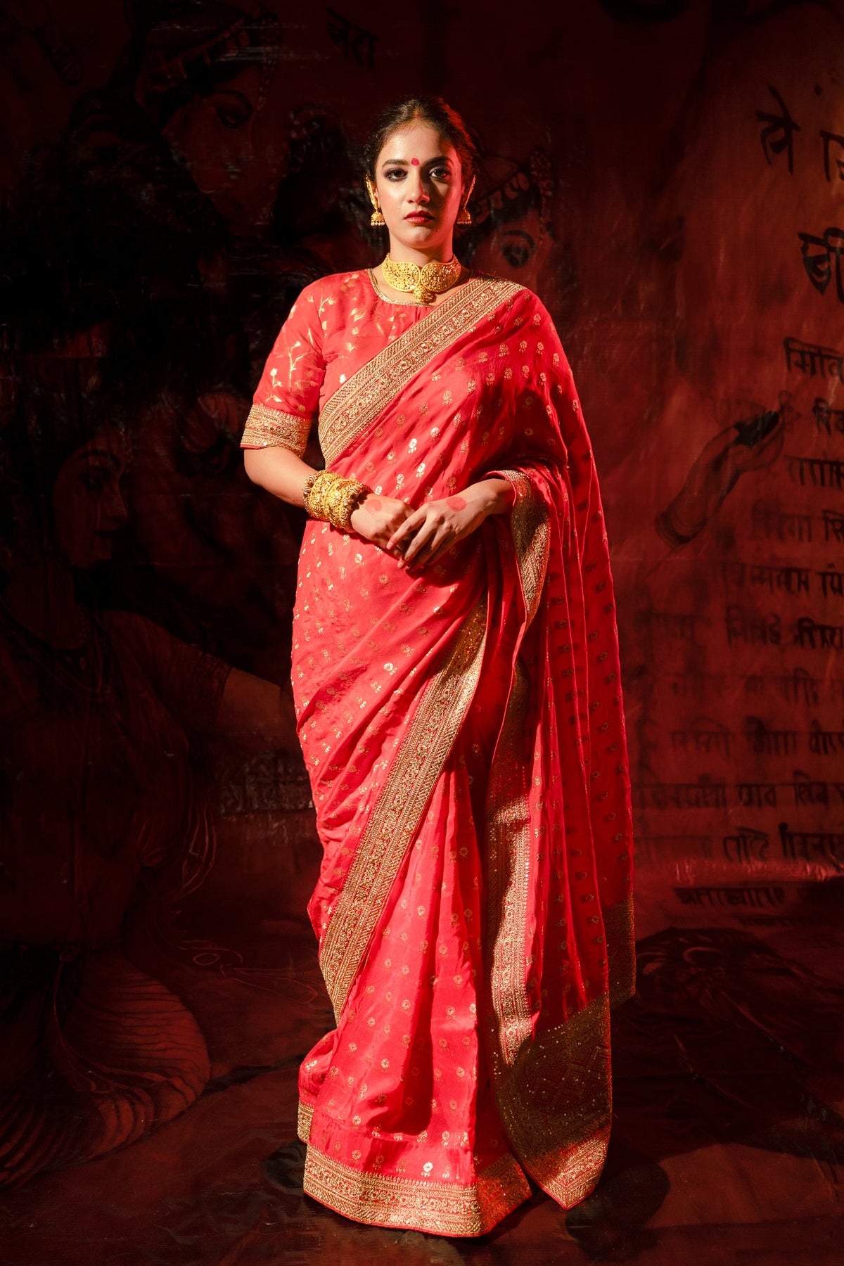 Red Silk Saree with Golden Zari Border