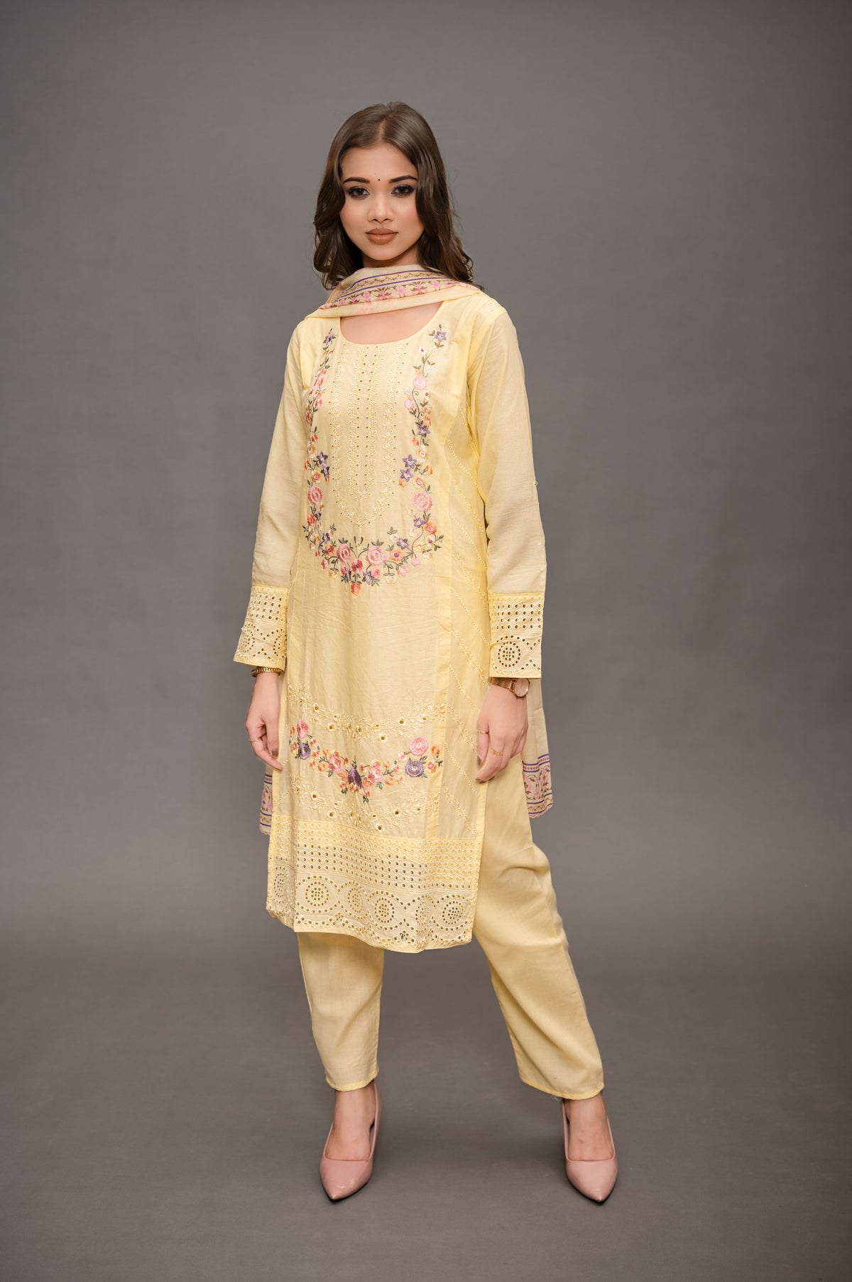 Lemon Yellow Cotton Suit Set Floral Print With Embroidery