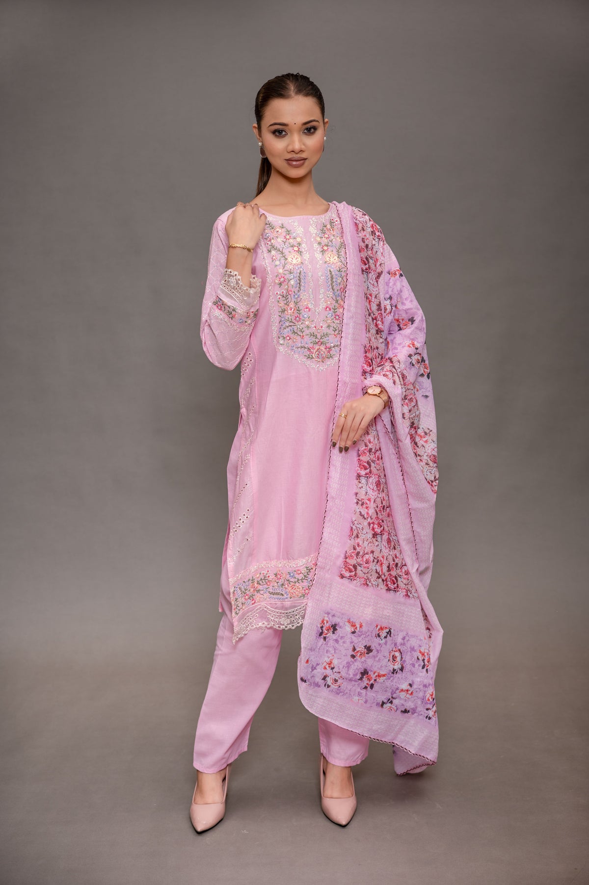 Pink Cotton Suit Set Floral Print With Self Embroidery