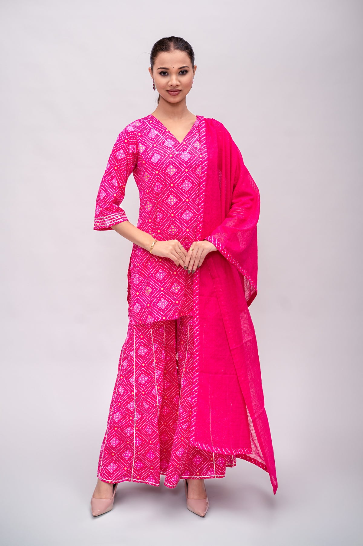 Fuchsia Pink Mal Cotton Bandhani Print Sharara Suit with Mirror Embroidery