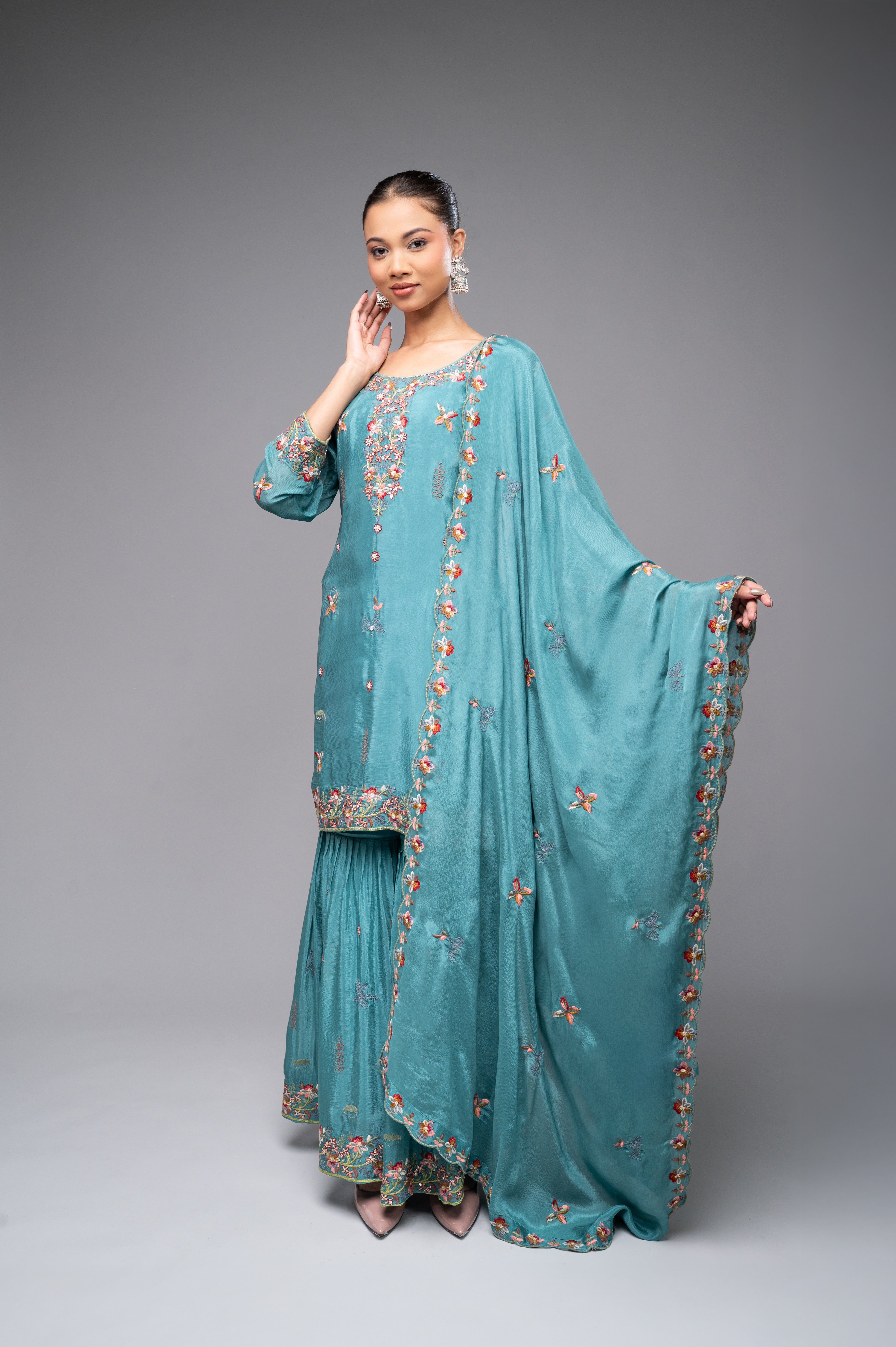 Sky Blue Garara Kurta Set with Pearl, Jarkan & Multicolor Embroidery