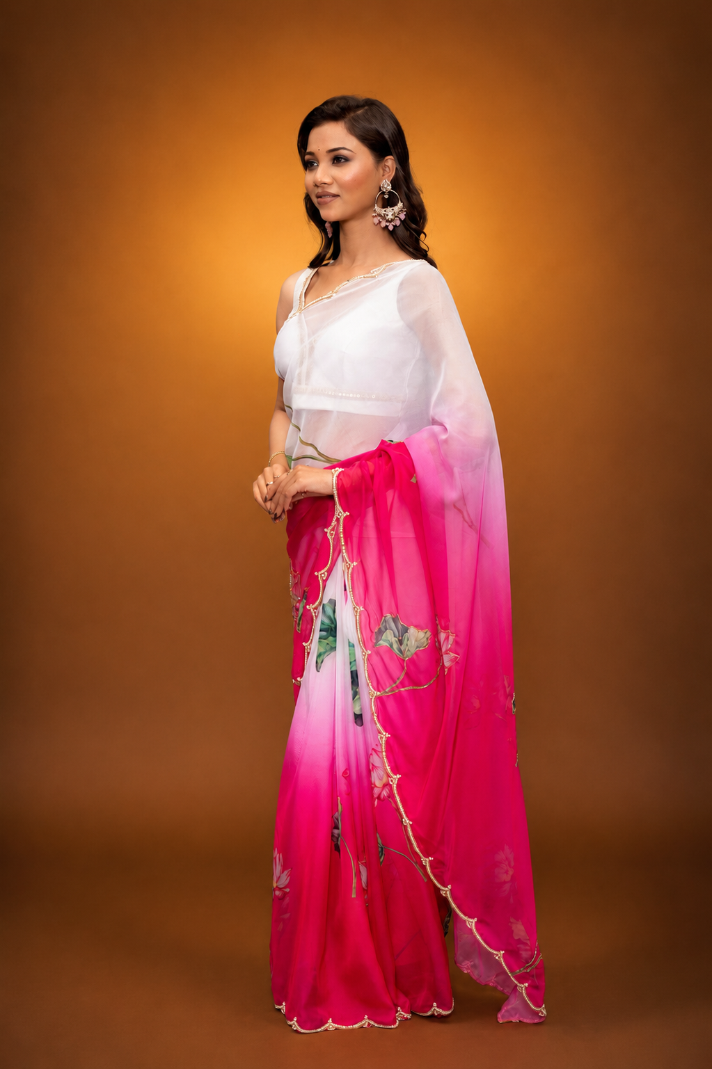 Fuchsia Pink Tebi Twin Silk Saree with Floral Digital Print & Moti Handwork Border