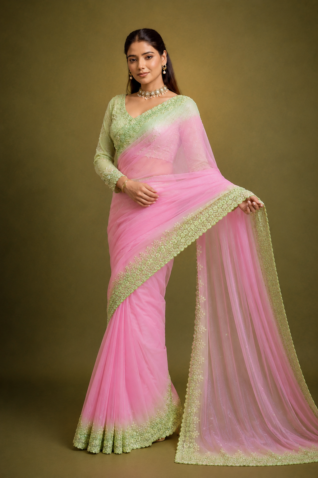 Blush Pink Georgette Saree with Mint Green Embroidered Border