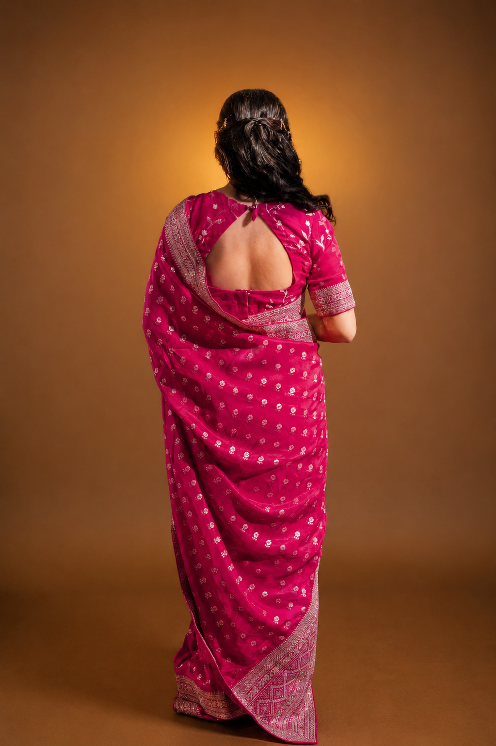 Fushcia Rani Pink Silk Saree with Golden Buti Work and Rich Zari Border