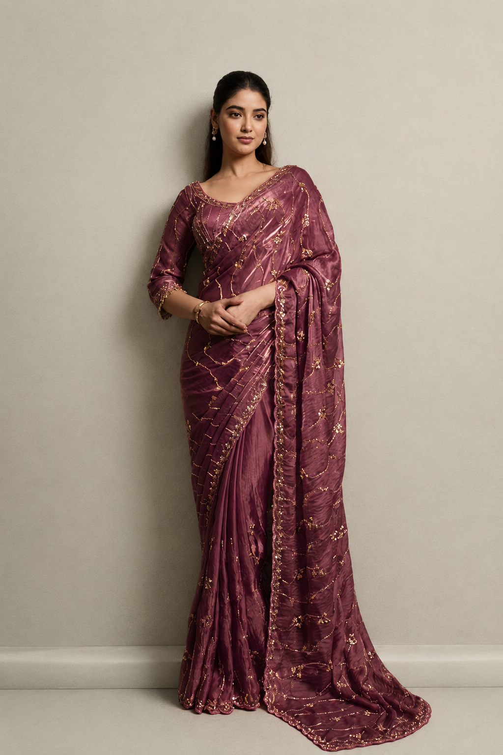 Rose Pink Organza Saree with Hand Embroidery with Stitched Blouse