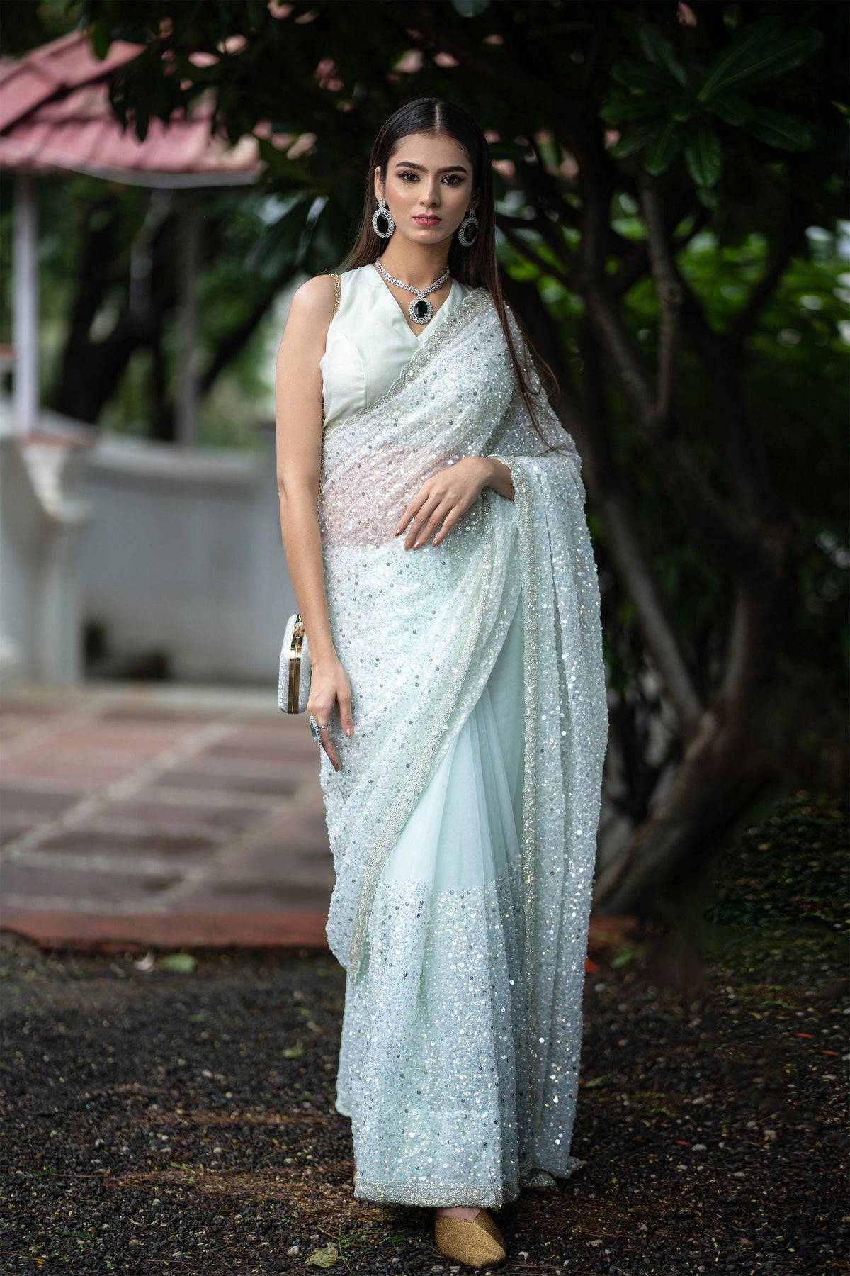 Pista Green Net Saree with Sequin Pearl