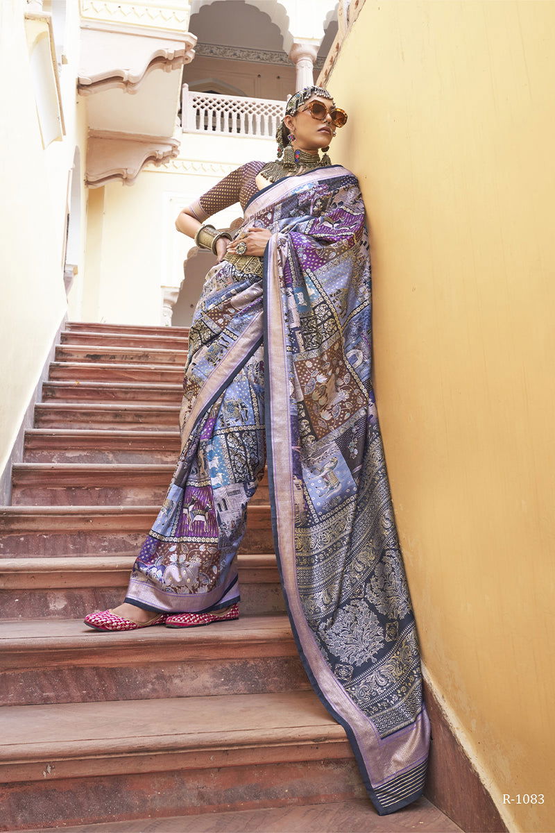 Purple Blue Viscose Silk with Heritage Design and Tribal Animal Art Prints - Mayrake -
