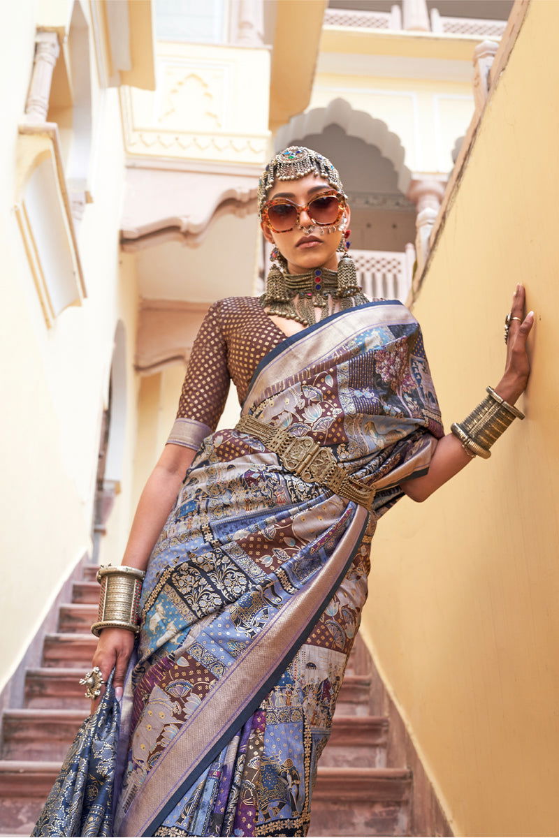 Purple Blue Viscose Silk with Heritage Design and Tribal Animal Art Prints - Mayrake -
