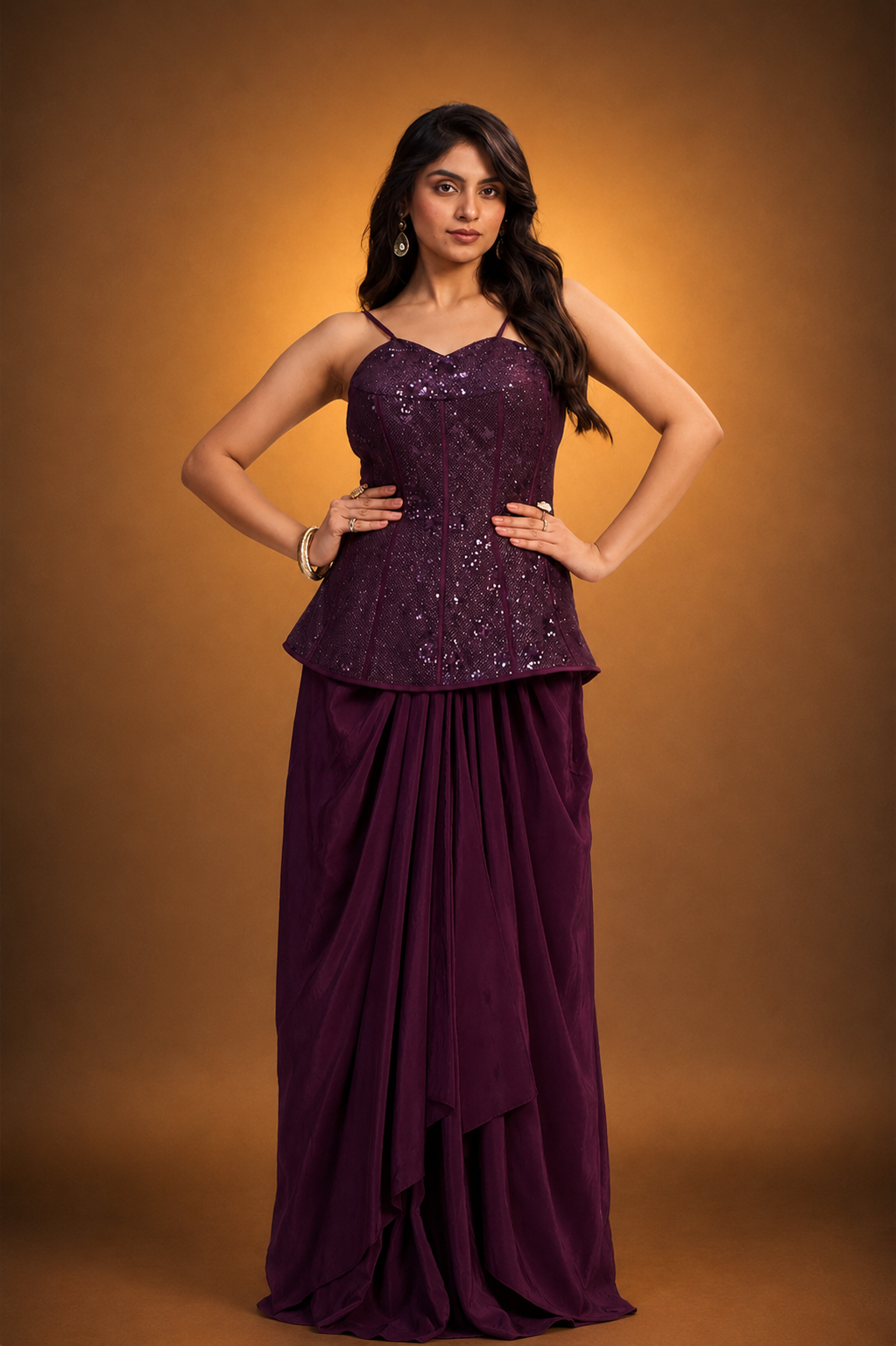 Wine Crepe Silk Ready-to-Wear Drape Saree with Hand-Embroidered Sequin Corset Top