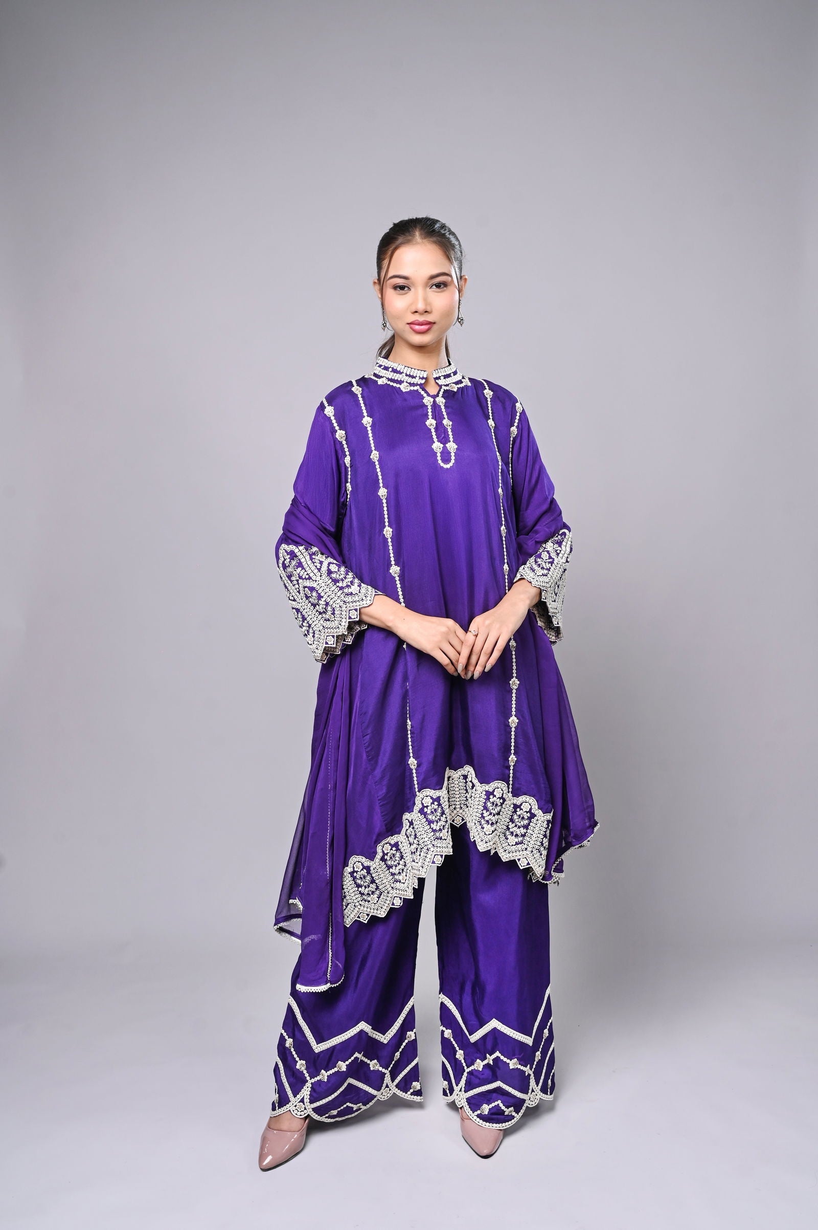 Purple Palazzo Crepe Kurta Set with Silver Embroidery - Mayrake.in