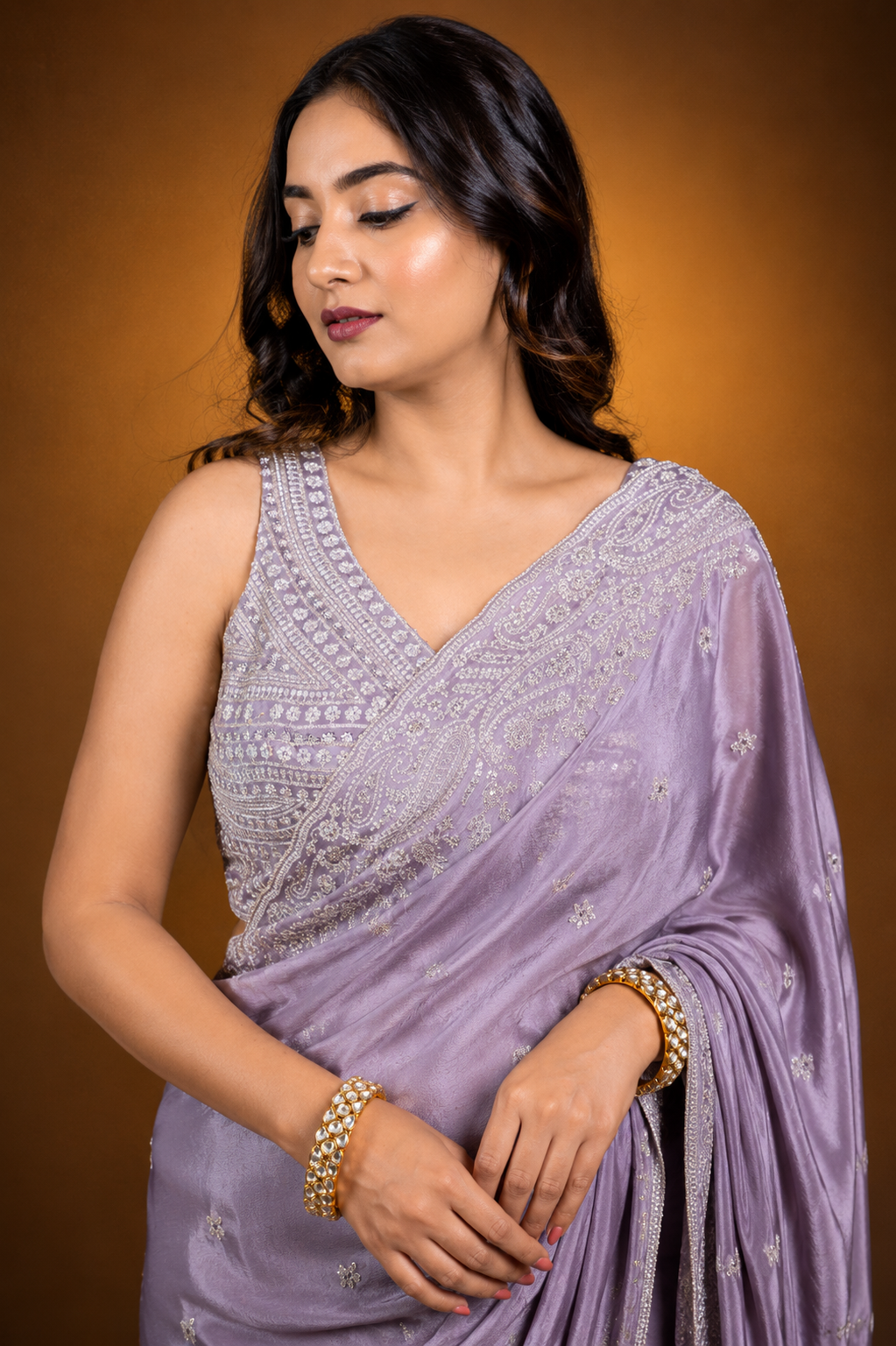 Two Blouse Concept – Lavender Purple Crepe Silk Saree with Sequin and Zari Work
